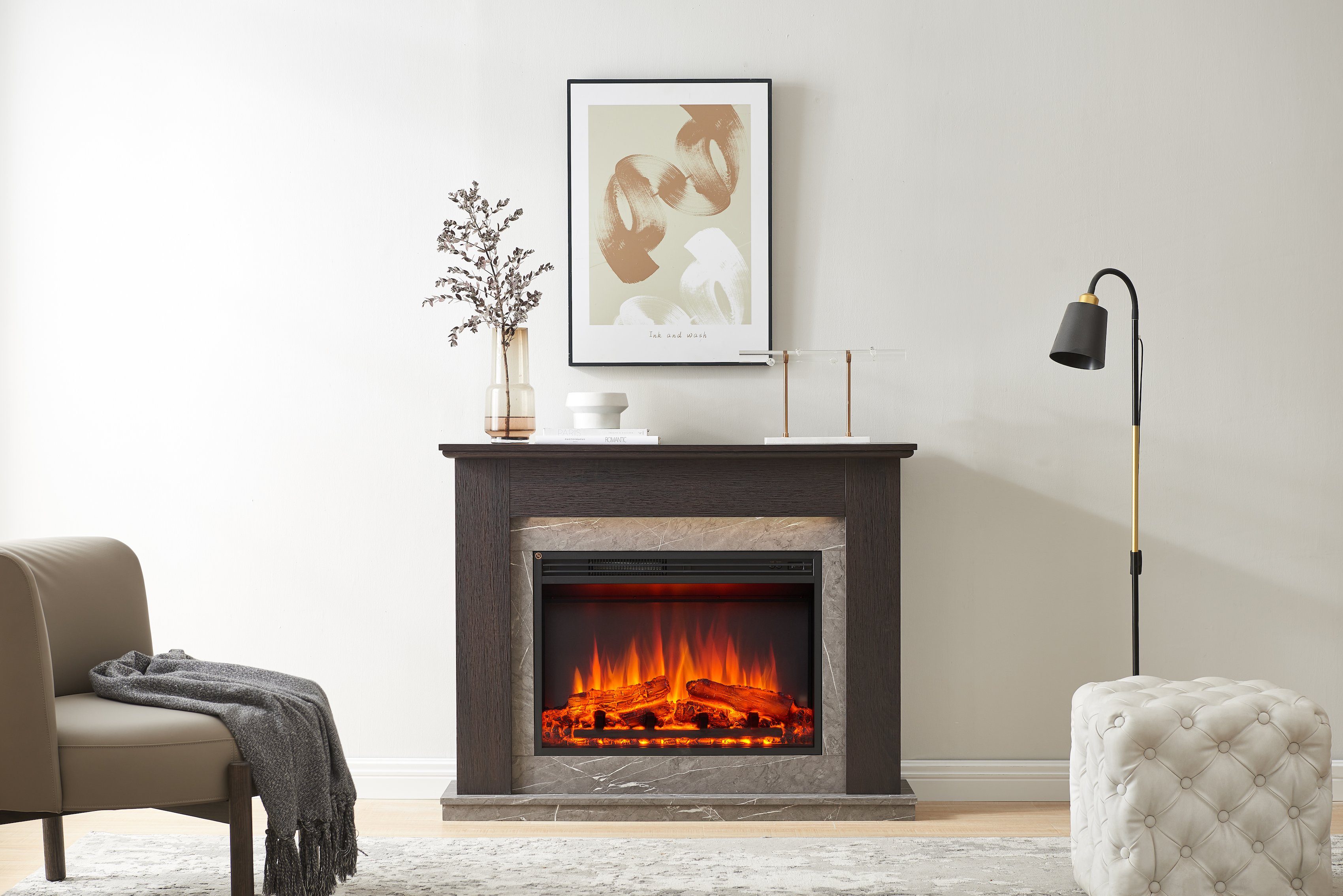 CrownFlame Elektrokamin Ajax, Standkamin mit Heizung 2000W, Heizung, LED-Beleuchtung, 3D-Flammeneffekt & Fernbedienung