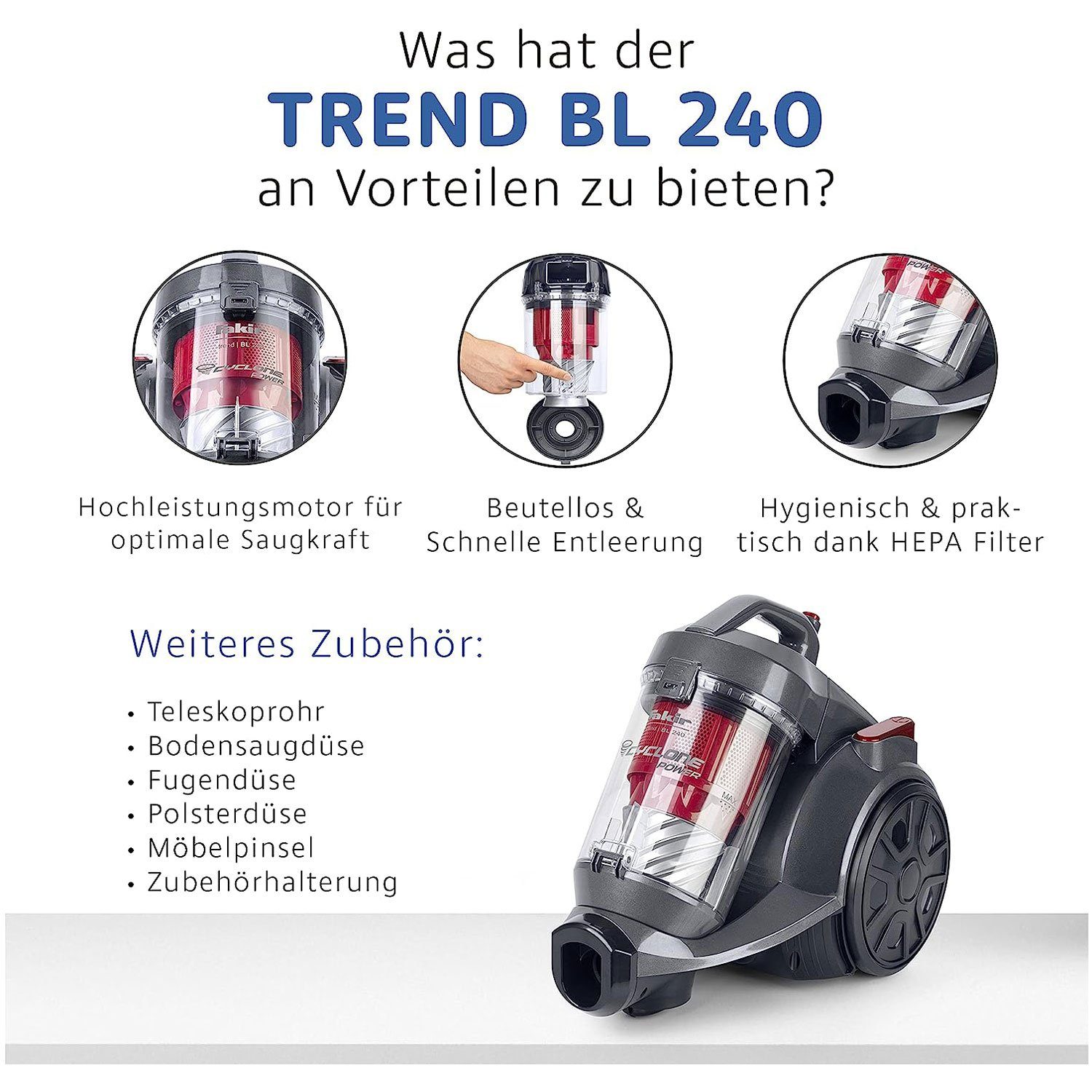 FAKIR Bodenstaubsauger BL 240, 700 W, beutellos, beutellos, HEPA 13-Filter, Metall-Teleskoprohr, gummierte Räder
