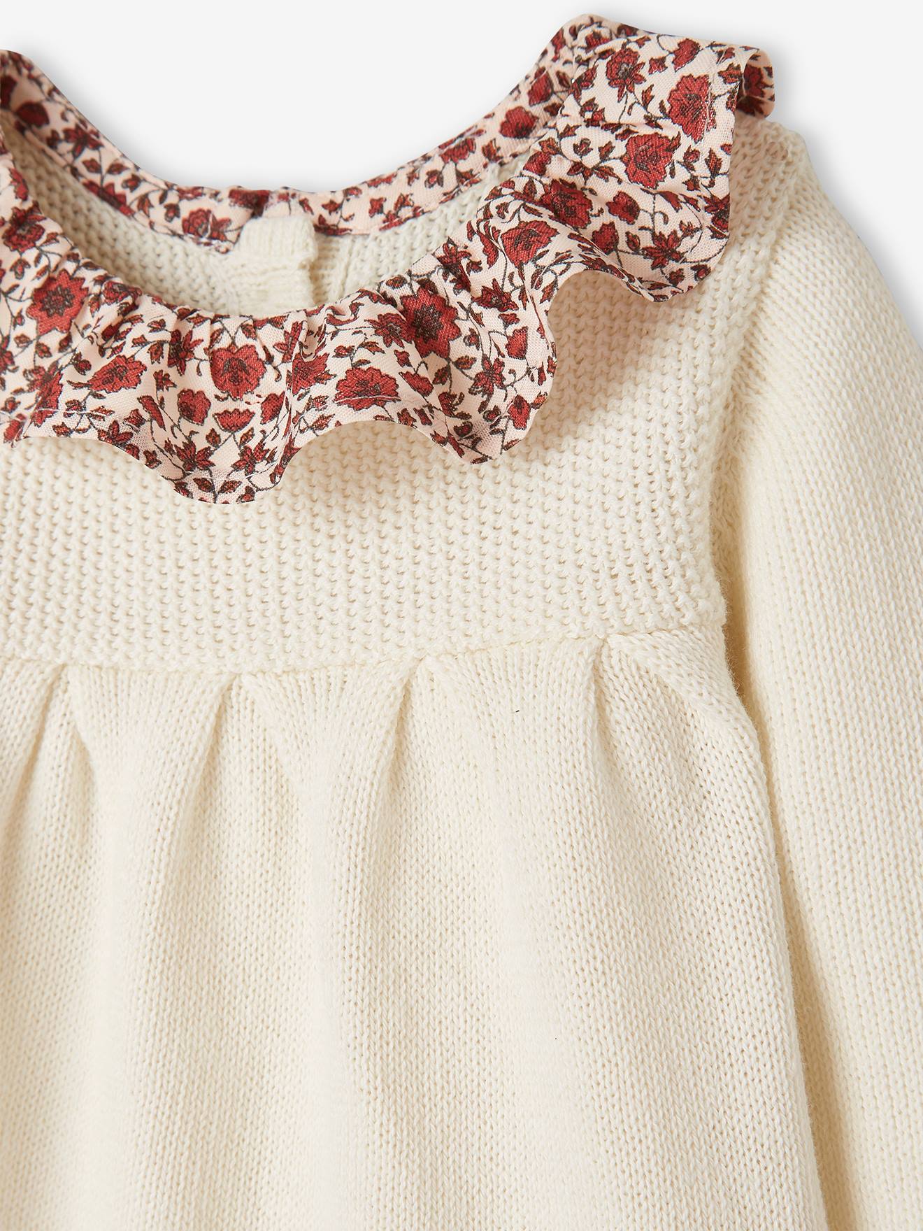 Robe en tricot bébé col en tissu fleuri rouille