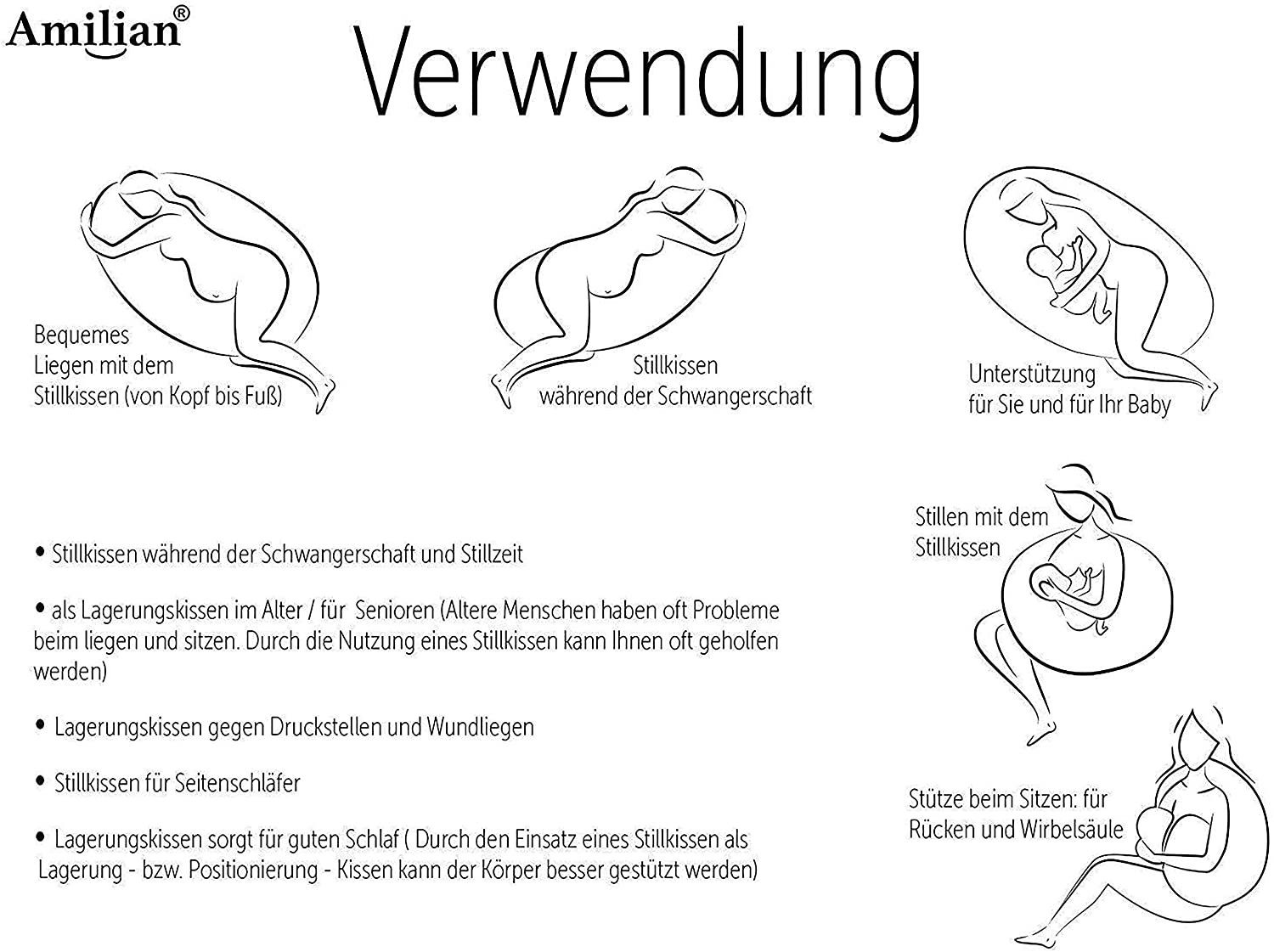 Amilian Stillkissen 170 cm (Made in EU), Seitenschläferkissen, Lagerungskissen, Schwangerschaftskissen zum Schlafen, Stillkissen mit Füllung