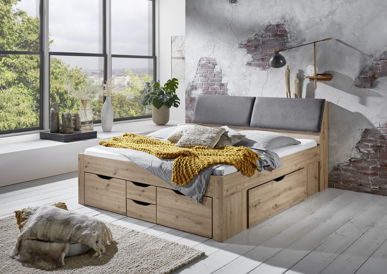 Relita Funktionsbett Maxi 180 x 200 cm, mit Rolllattenrost mit 6 Bettschubladen und Stauraum-Polster-Kopfteil Eiche Artisan Dekor