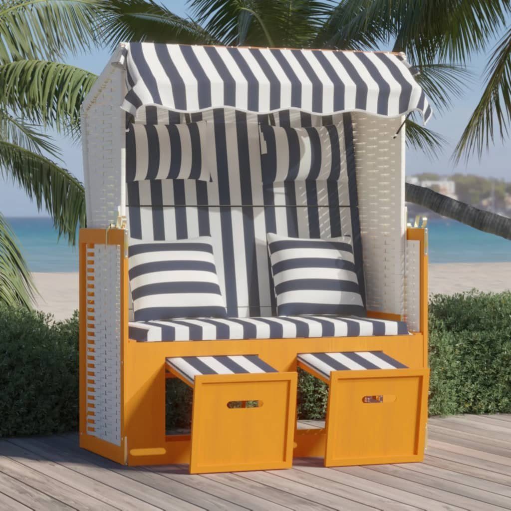 vidaXL Gartenliege Strandkorb mit Kissen Poly Rattan & Massivholz Weiß & Blau, 1 St.