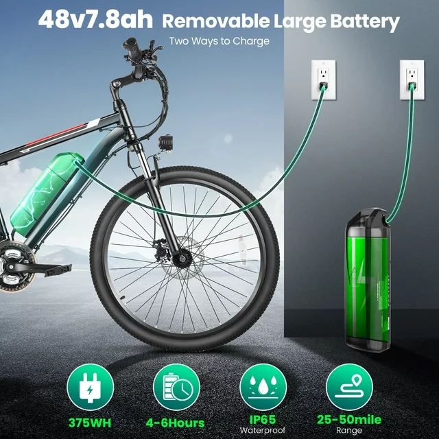 Gocio 500W Electric Bike 26 Electric Bicycle for Adults with Cruise Control System Ebike, Mountain Bike with Removable 375Wh Lithium-Ion Battery 50 Miles, 21 Speed Commuter Bike for Man Woman
