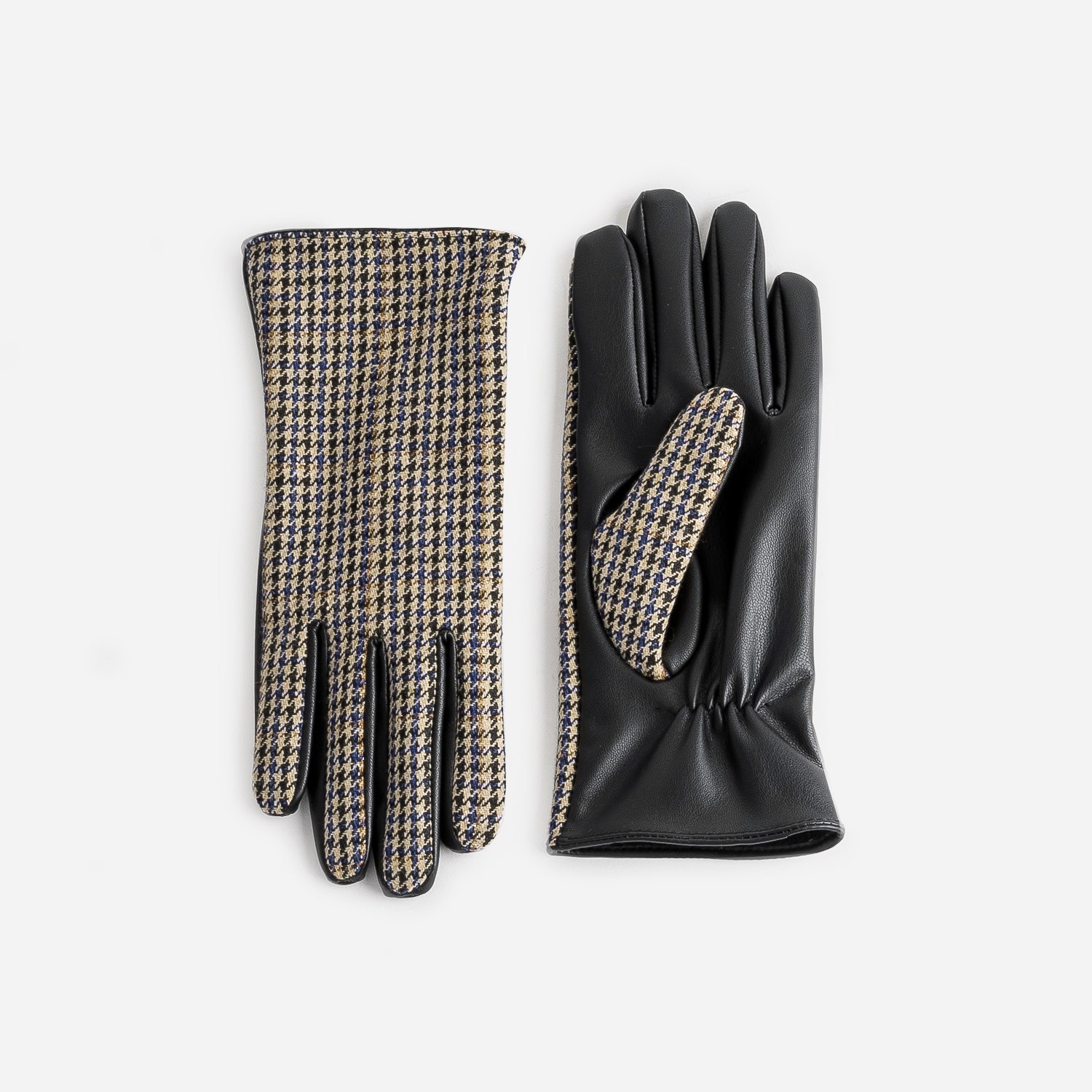 Gants noirs bi matière à motif pied-de-poule