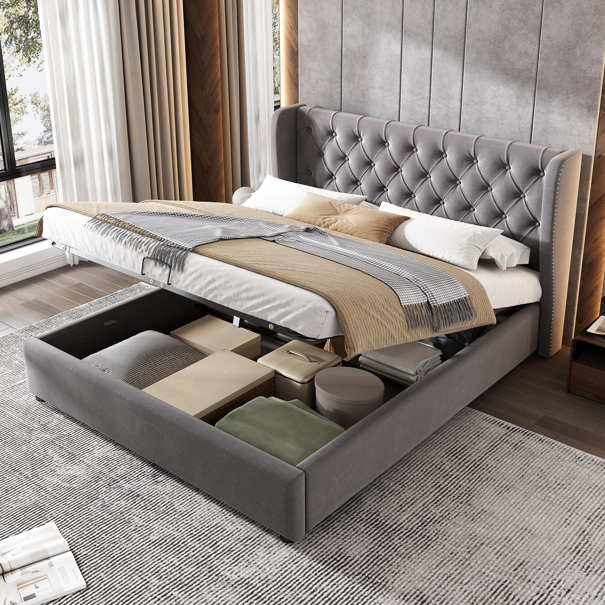 OKWISH Polsterbett Doppelbett Stauraumbett, Kiefernholz Flanell 140*200cm Ohne Matratze