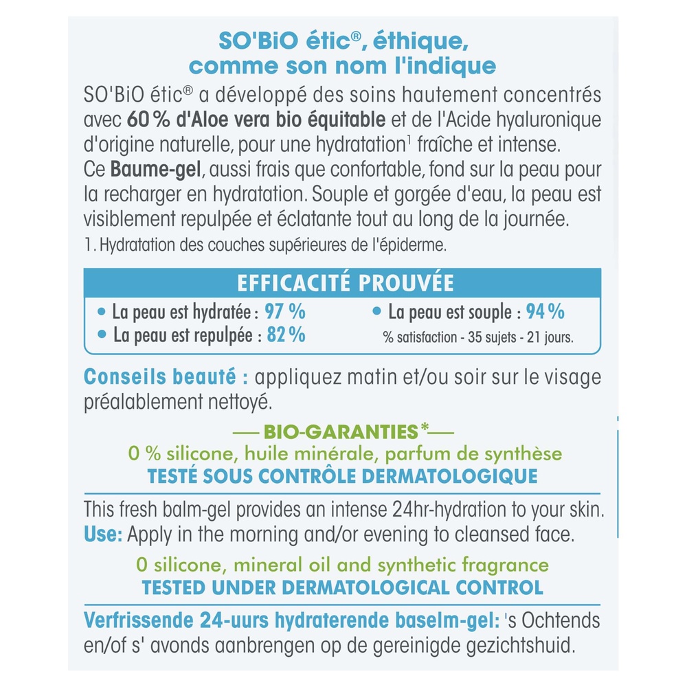LÉA NATURE SO BiO étic Baume-gel hydratation¹ fraîcheur 24h, peaux normales à sèches, Hydra Aloe Vera Baume gel