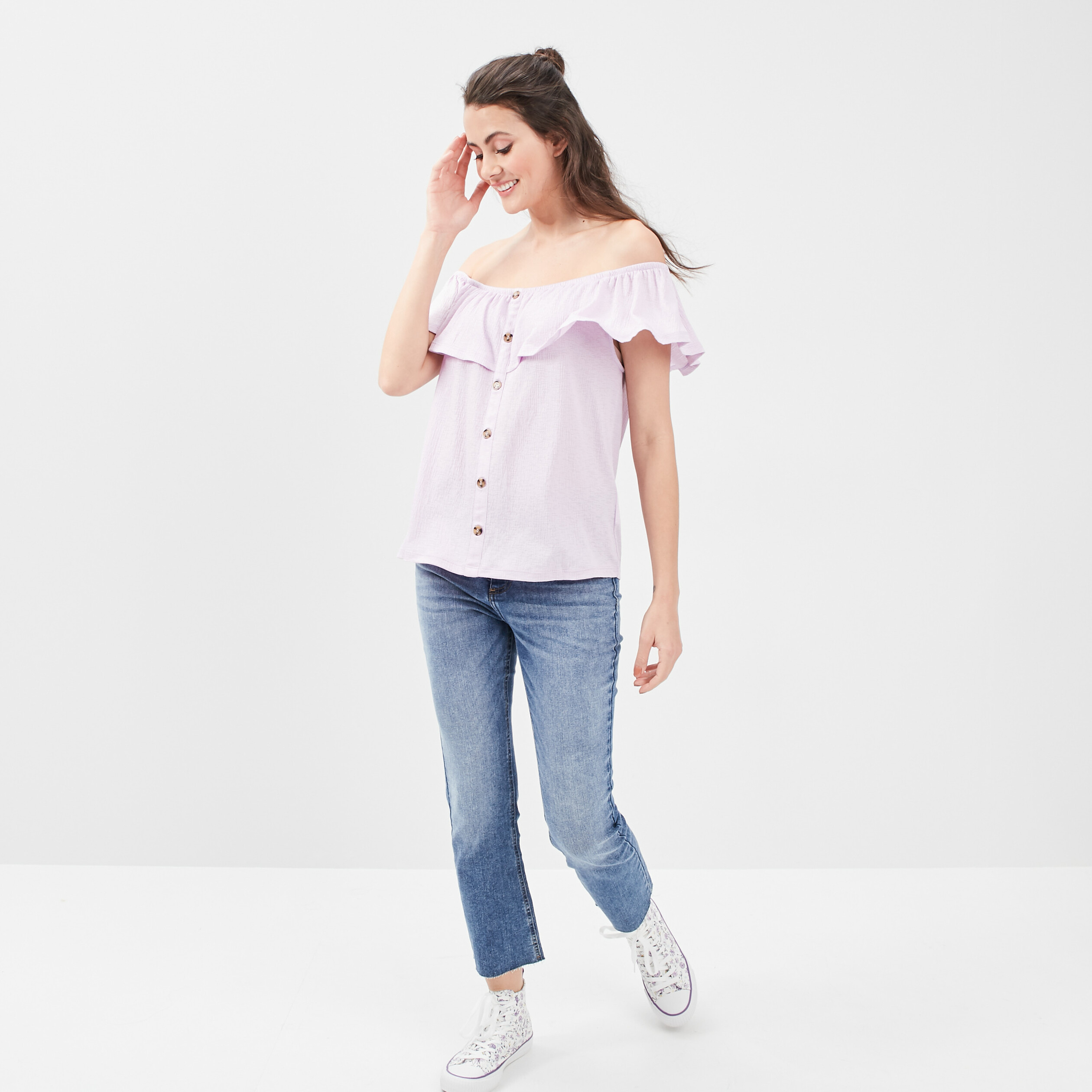 T-shirt col bardot manches courtes parme femme | La Halle