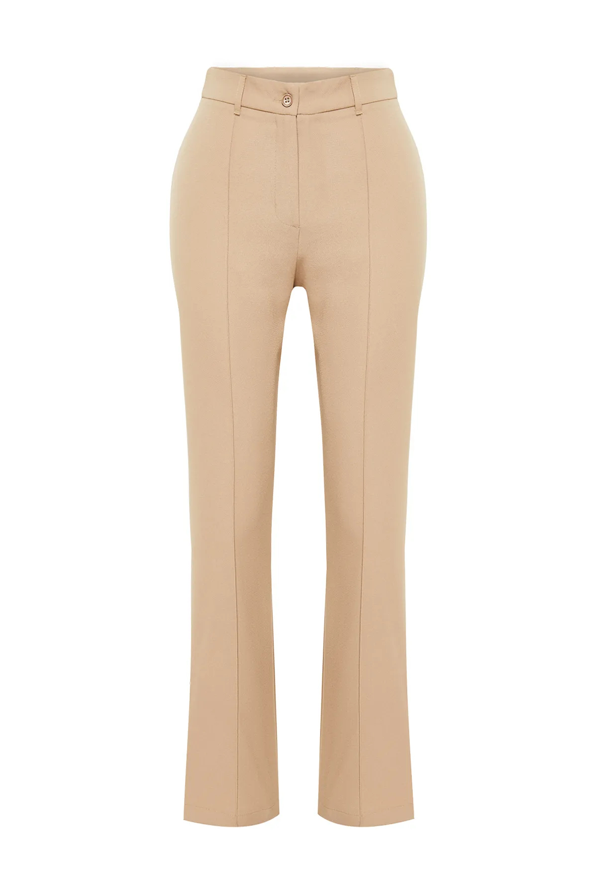 Trendyol Collection  Hellbraune gerade/gerade geschnittene Hose mit hoher Taille und gerippten Nähten aus Webstoff TWOSS21PL0093