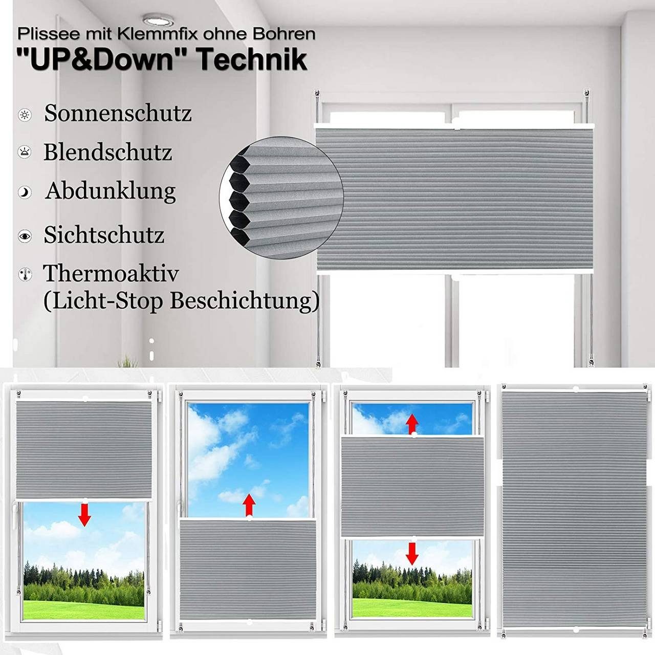 Plissee, Woltu, verdunkelnd, Klemmfix, verspannt, Wabenplissees ohne Bohren