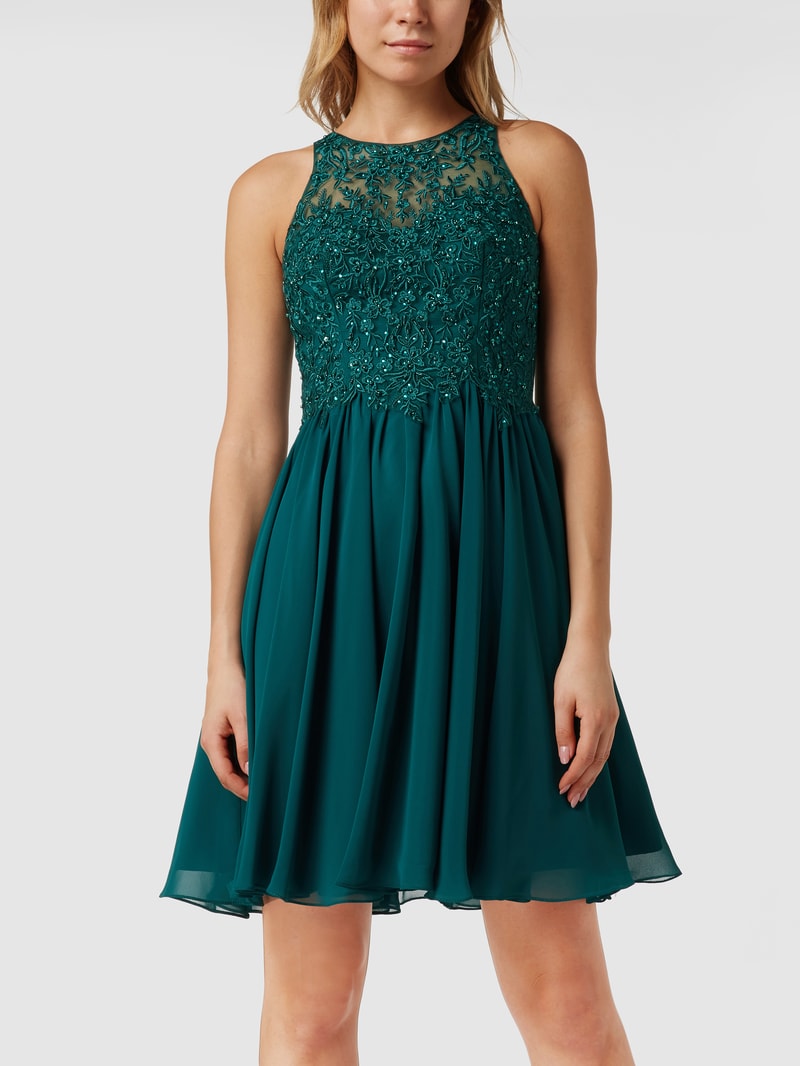Cocktailkleid mit floralen Stickereien und Ziersteinen in bottle