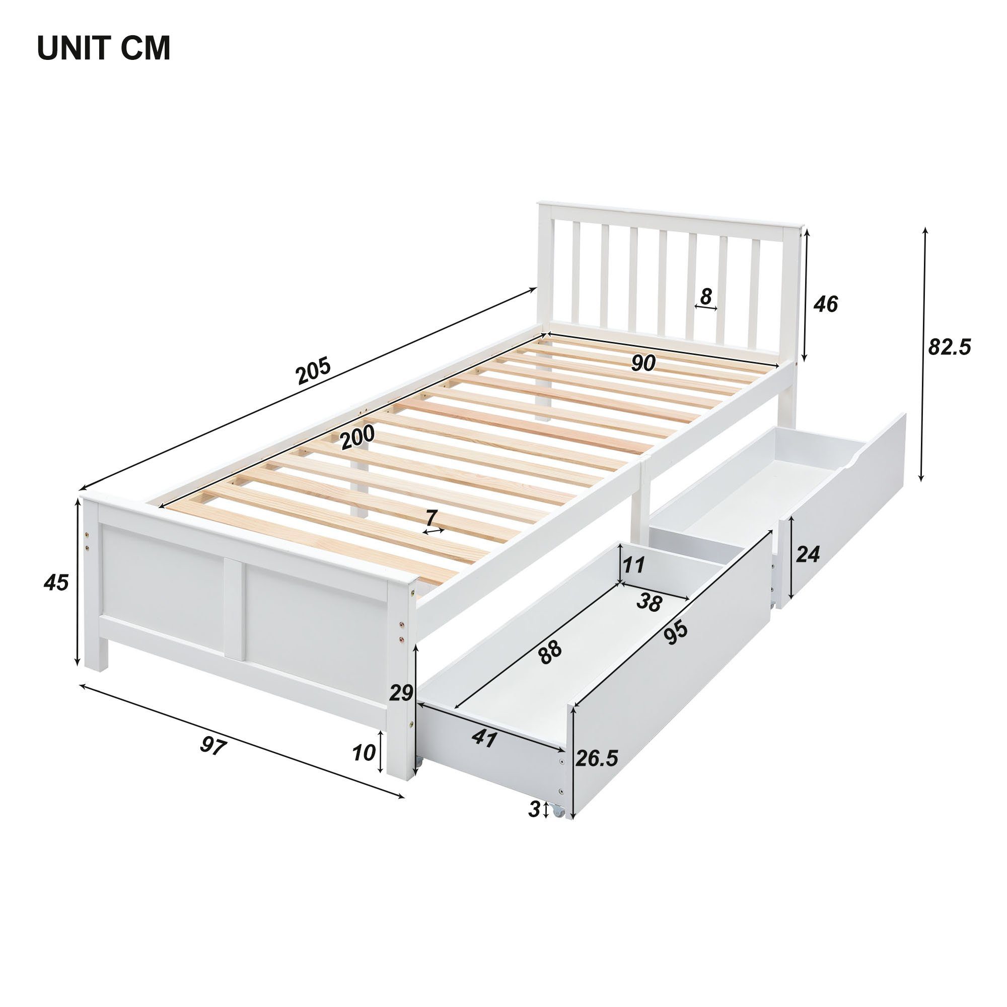 OKWISH Holzbett Bett, Jugendbett, Erwachsenenbett, Kinderbett (Rahmen aus Kiefernholz, weiß 90x200cm, mit Schubladen zur Aufbewahrung), Ohne Matratze