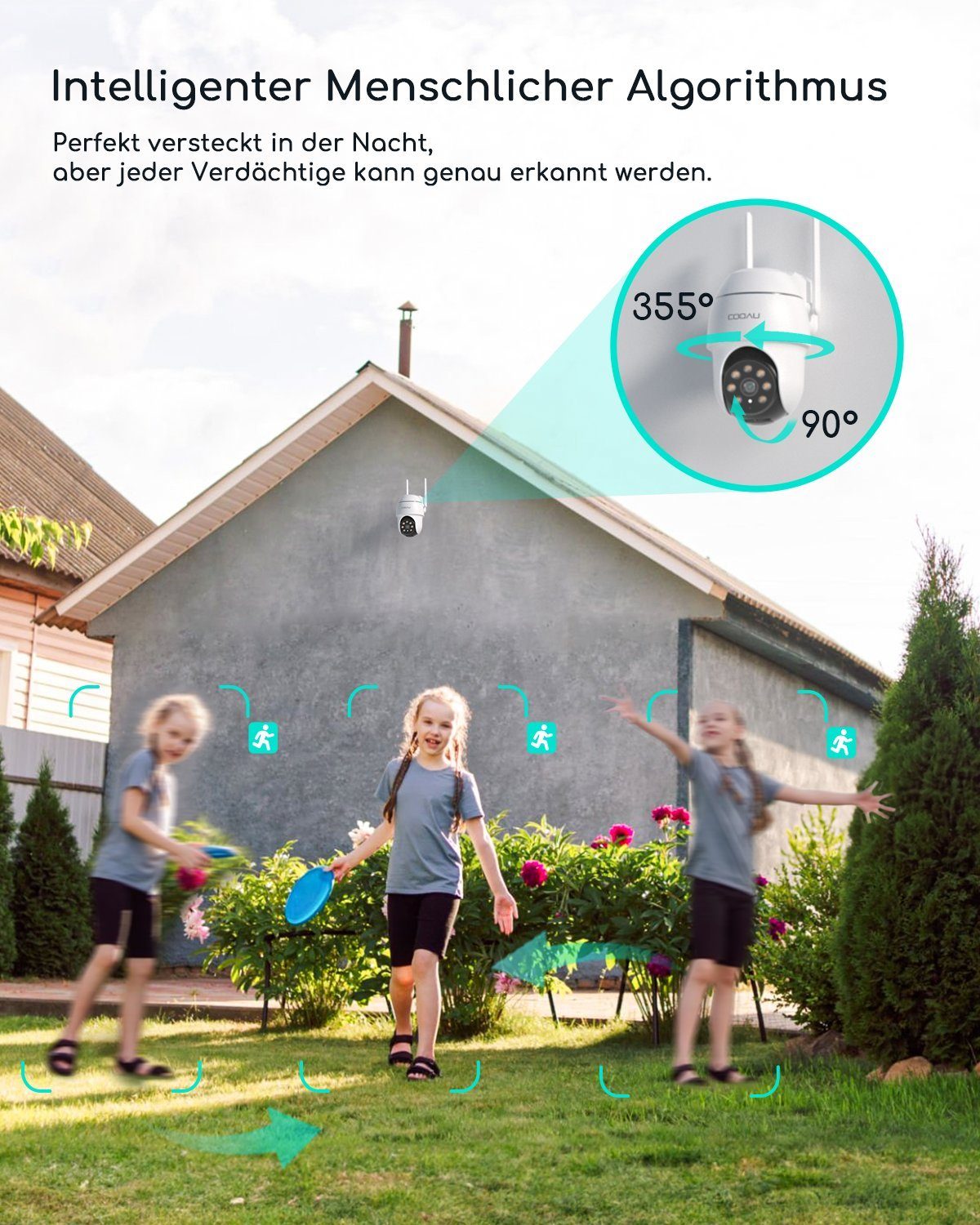 COOAU 2K Überwachungskamera Aussen WLAN,355°/90° Schwenkbar IP Kamera IP66 Überwachungskamera (AuBenbereich, 4 Geräte Gleichzeitig,Mit der Familie teilen,All-in-1 APP,Alexa, Mensch Bewegungsmelder,Automatische Verfolgung,Farbige Nachtsicht,3MP, 24/7