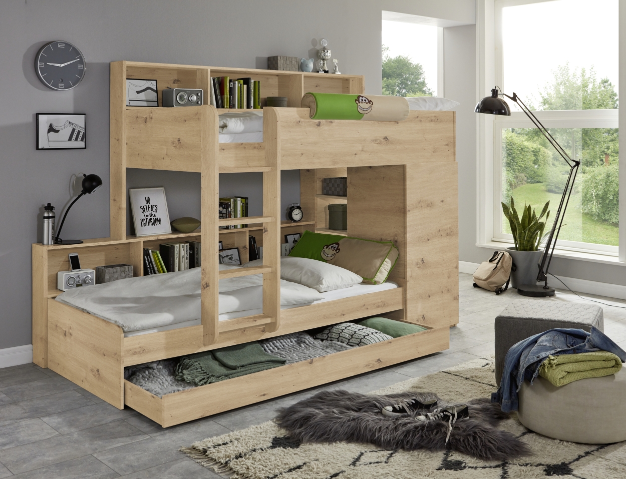 Relita Etagenbett Sina 2 LF á 90x200 cm, m. Kleiderschrank (o. Bettschublade), Eiche Artisan Dekor