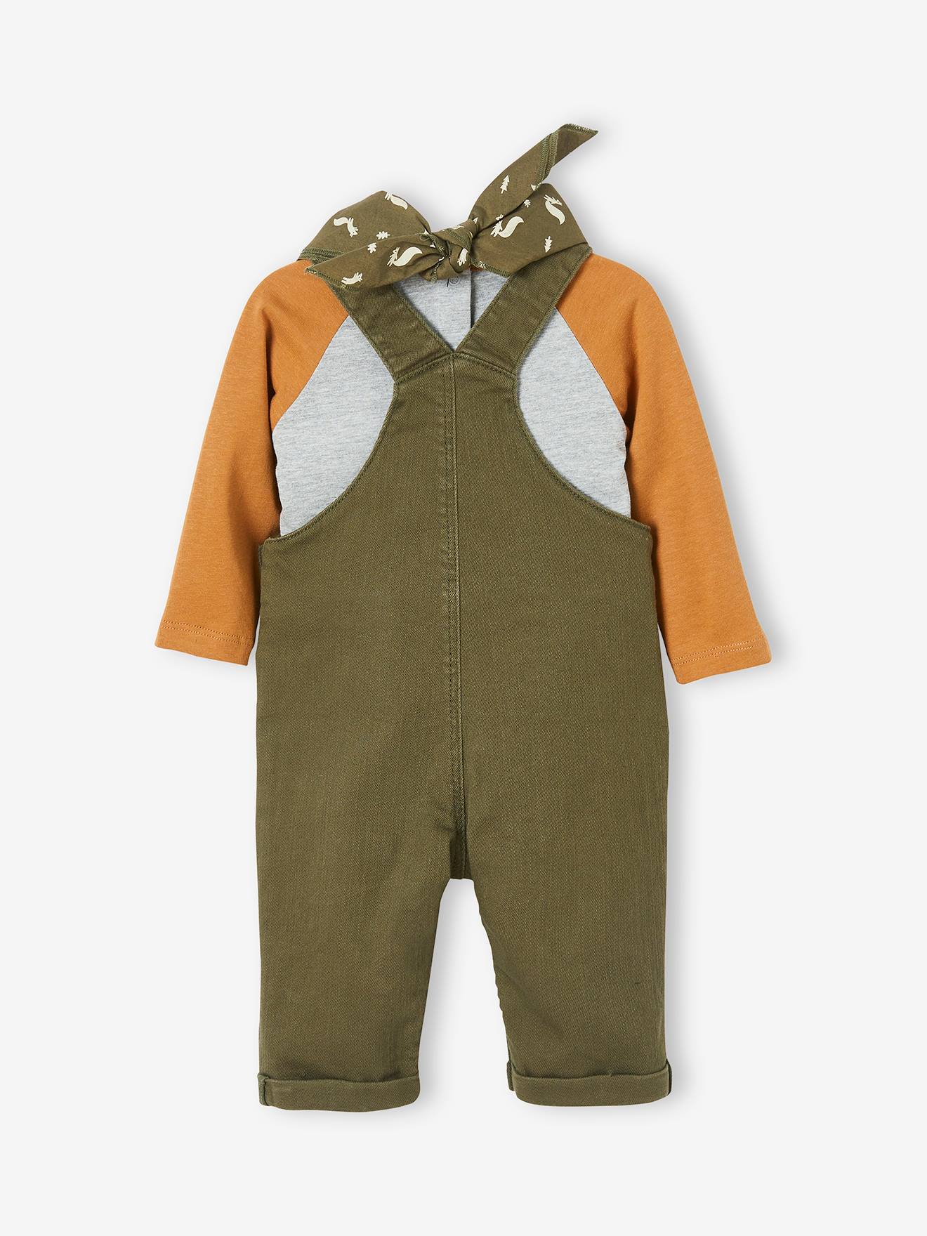 Ensemble 3 pièces bébé salopette, T-shirt et bandana kaki