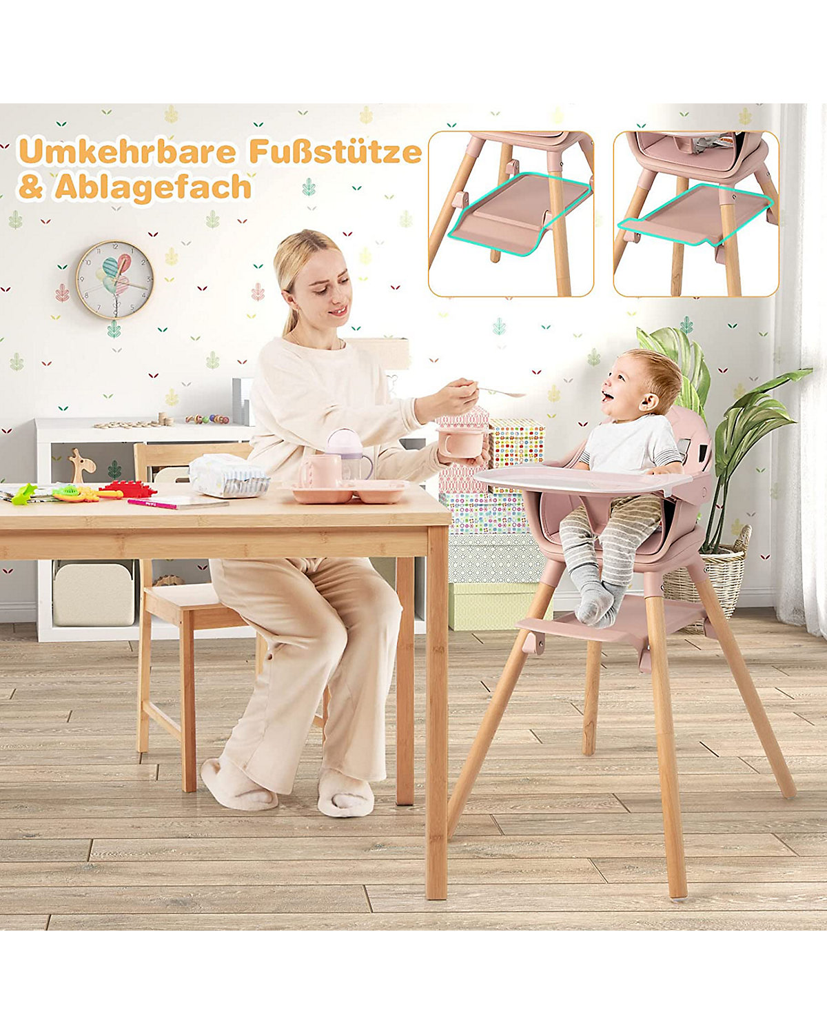 6 in 1 Hochstuhl mit Sitzkissen mit Tablett abnehmbar