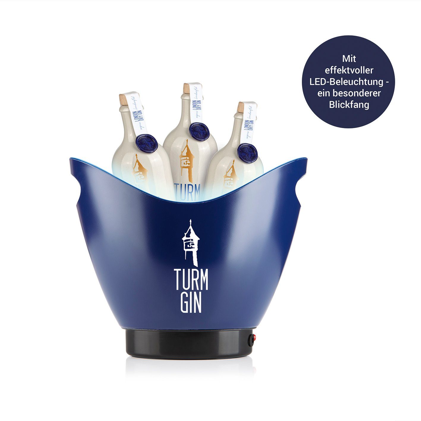TURM GIN Eiswürfelbehälter LED-Eiskübel- 4 l Fassungsvermögen - blau/schwarz mit Logo