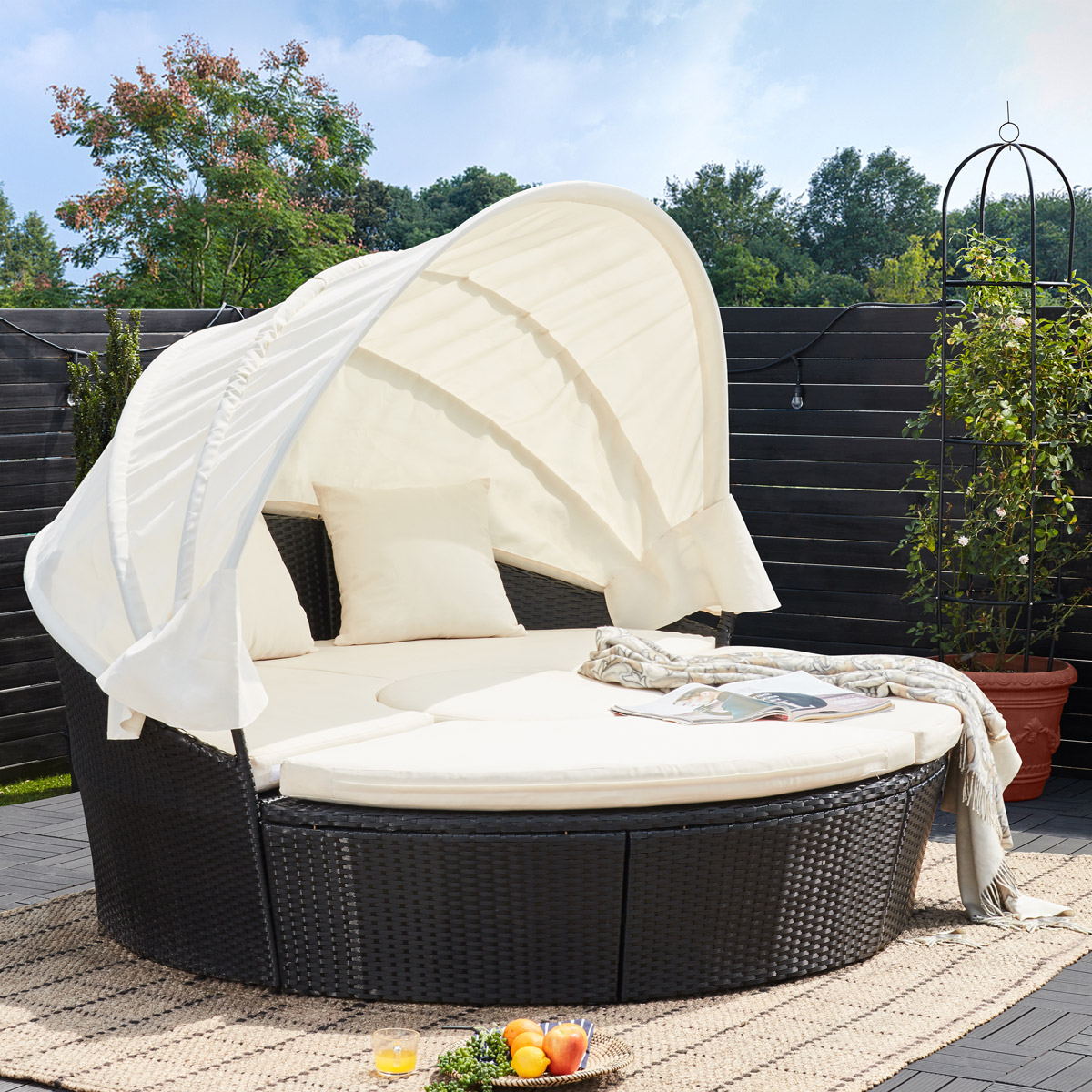 Casaria Sonneninsel Polyrattan mit Sonnendach 185 x 185 x 75 cm schwarz/creme
