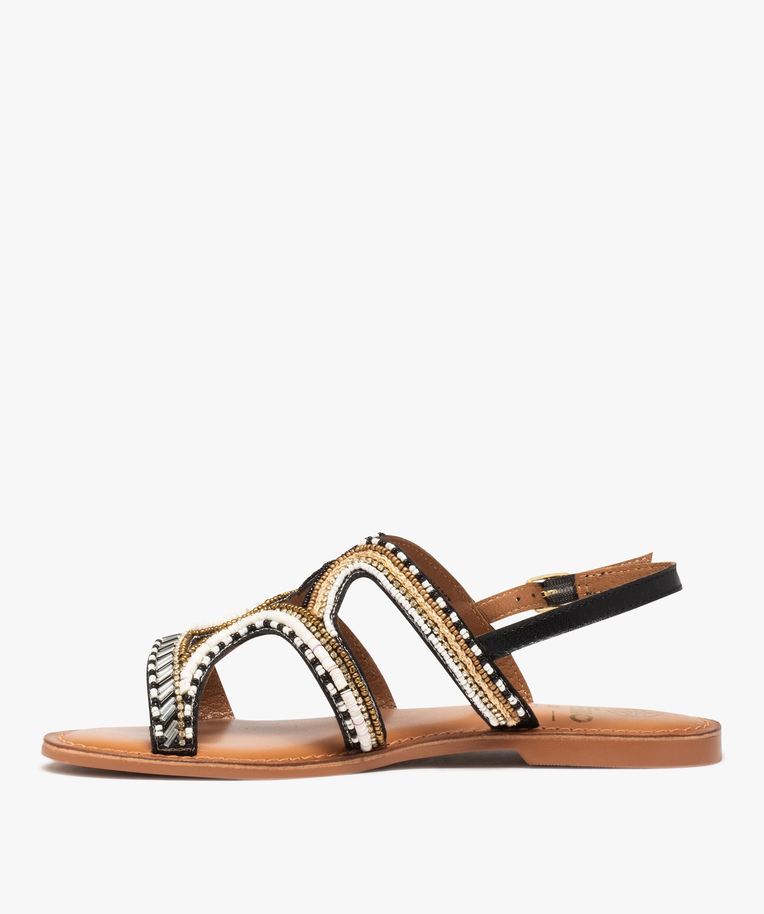 Sandales femme à talon plat ornées de perles et de strass noir | GEMO