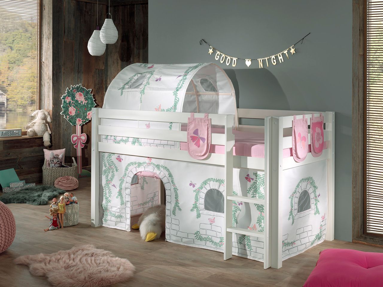 VIPACK Spielbett Pino mit Textilset Vorhang, Tunnel und 3 Taschen 