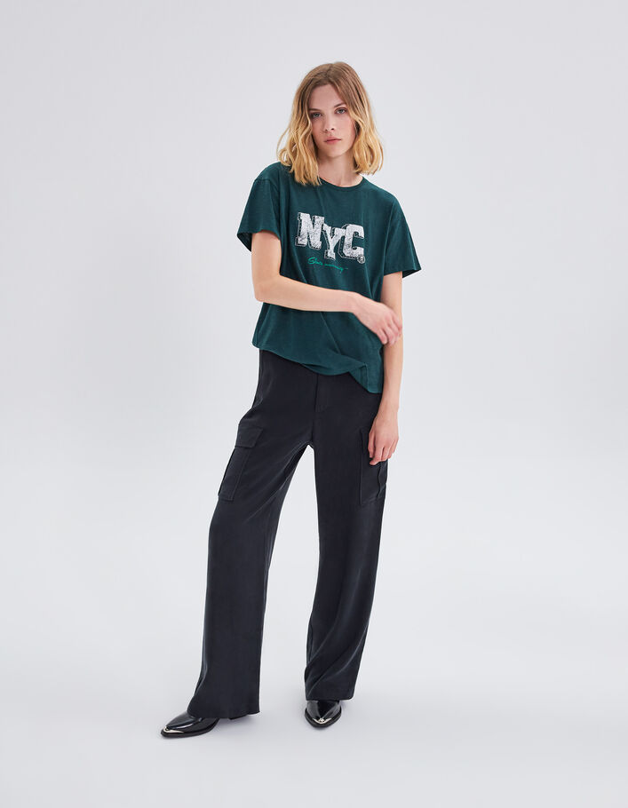 Tee-shirt vert canard bio à message clouté Femme
