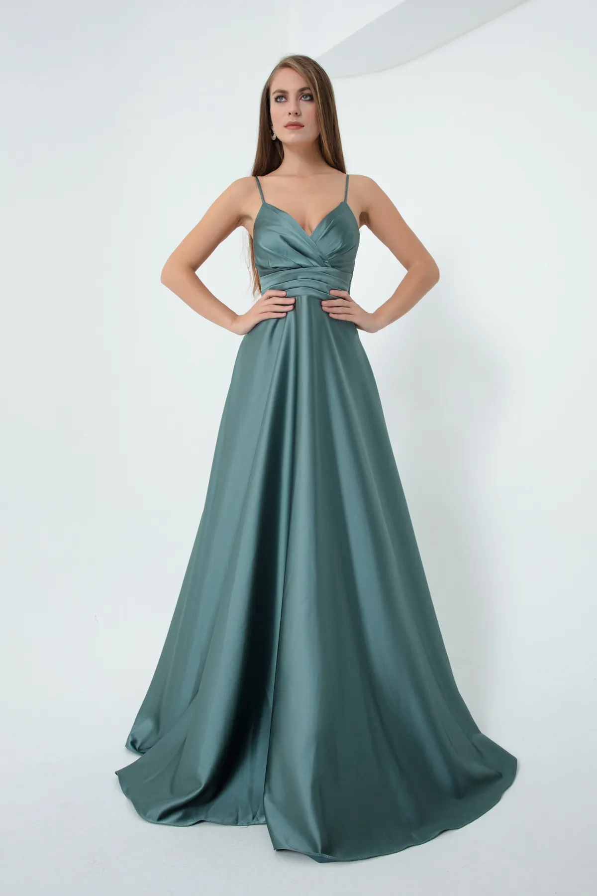 Lafaba  Türkises langes Abendkleid aus Satin mit Seilträgern und Taillengürtel für Damen & Abschlussballkleid