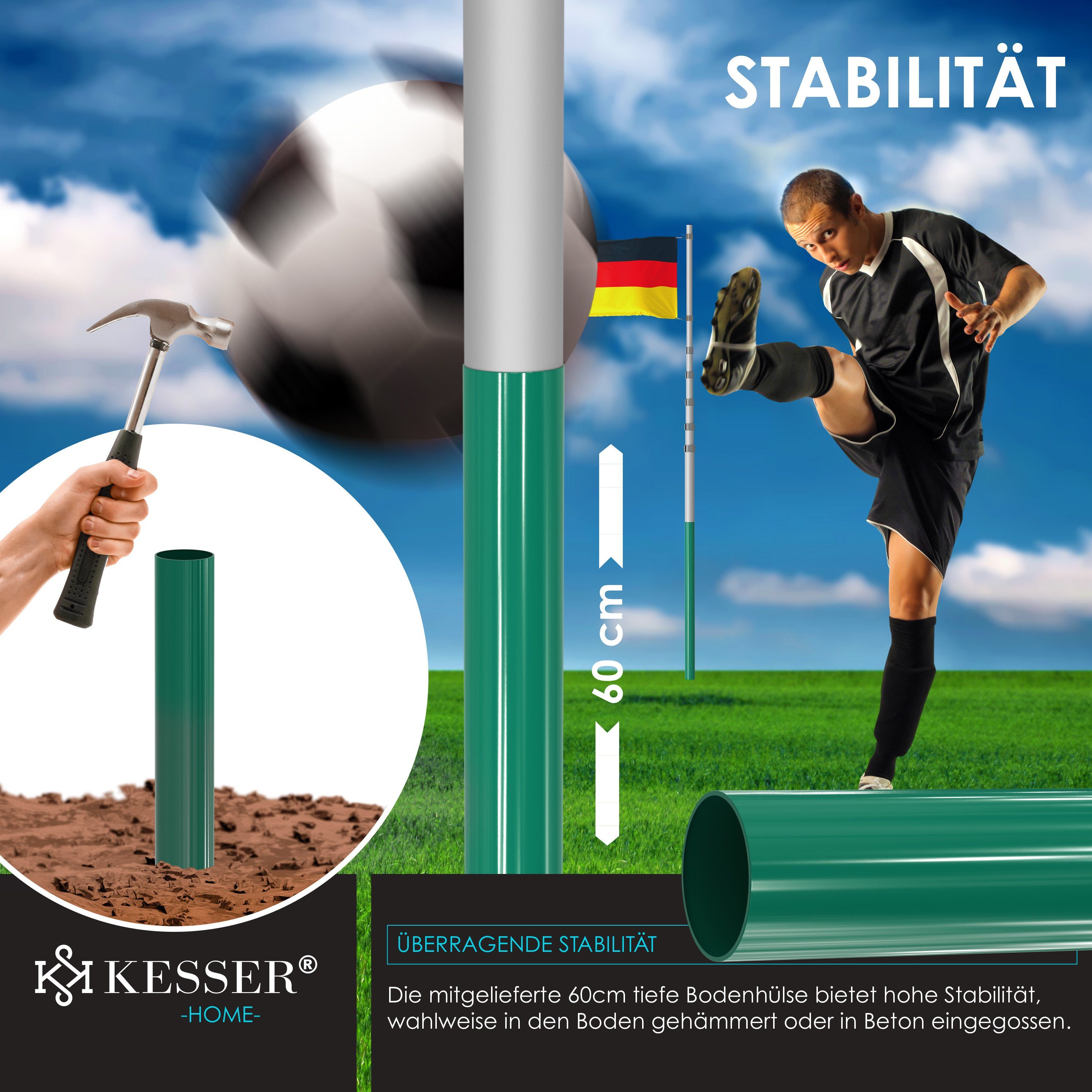 KESSER Fahne, Teleskop Fahnenmast 6,3m + Bodenhülse, 60cm Deutschland-Fahne