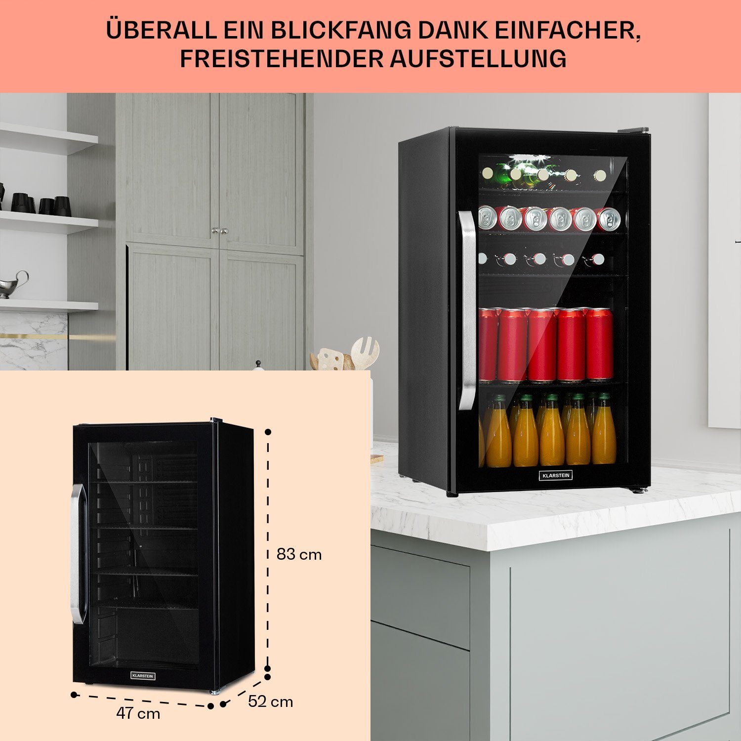 Klarstein Getränkekühlschrank HEA13-Beersafe3XL-OX 10039655, 83 cm hoch, 47 cm breit, Bierkühlschrank Getränkekühlschrank Flaschenkühlschrank mit Glastür