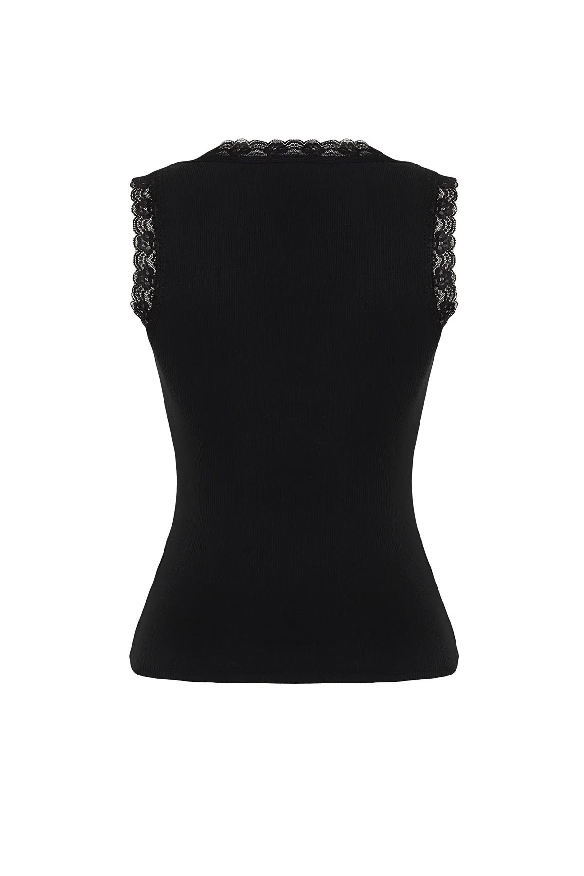 Trendyol Collection  Schwarzes, figurbetontes Unterhemd aus flexiblem, geripptem Strick mit Spitzendetails TWOSS24AL00010