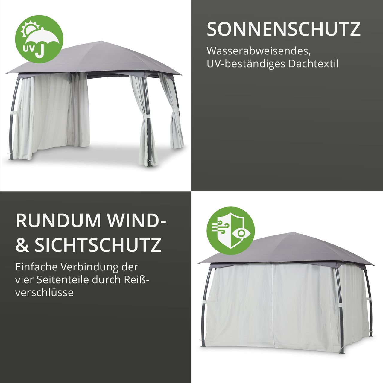 LECO Pavillon Milena – formschöner Gartenpavillon 3,3 x 3,3 m mit verschließbaren Seitenteilen – anthrazit/grau