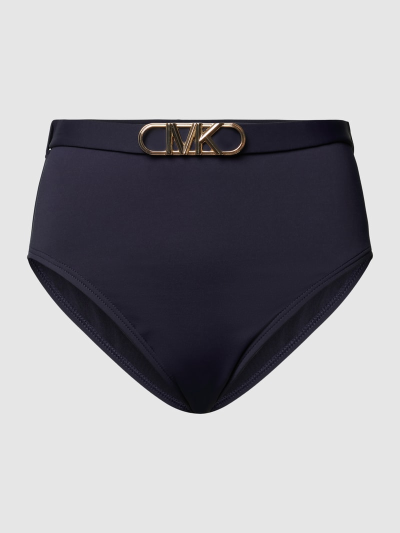 High Waist Bikini-Hose mit Label-Applikation in marineblau