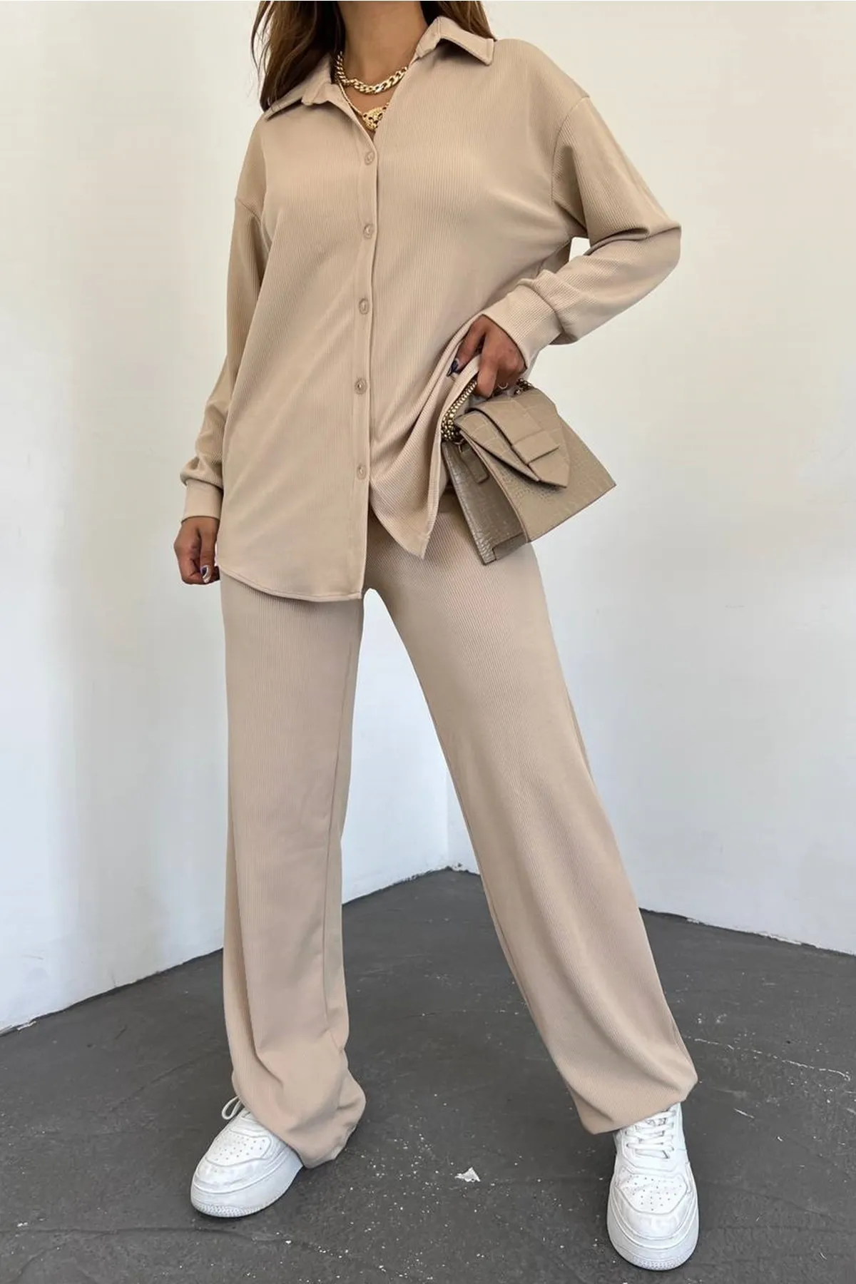 lovebox  Damen-Seersucker-Hemd und Hose im Oversize-Design, Beige, Doppelanzug 10786