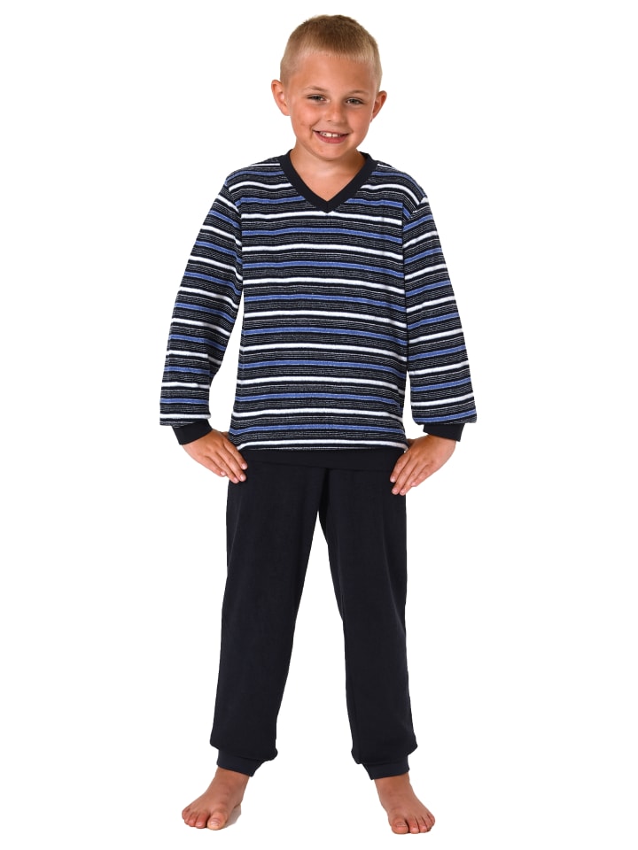NORMANN Frottee Pyjama lang Schlafanzug Bündchen und Ringeln - 65519 in marine günstig kaufen