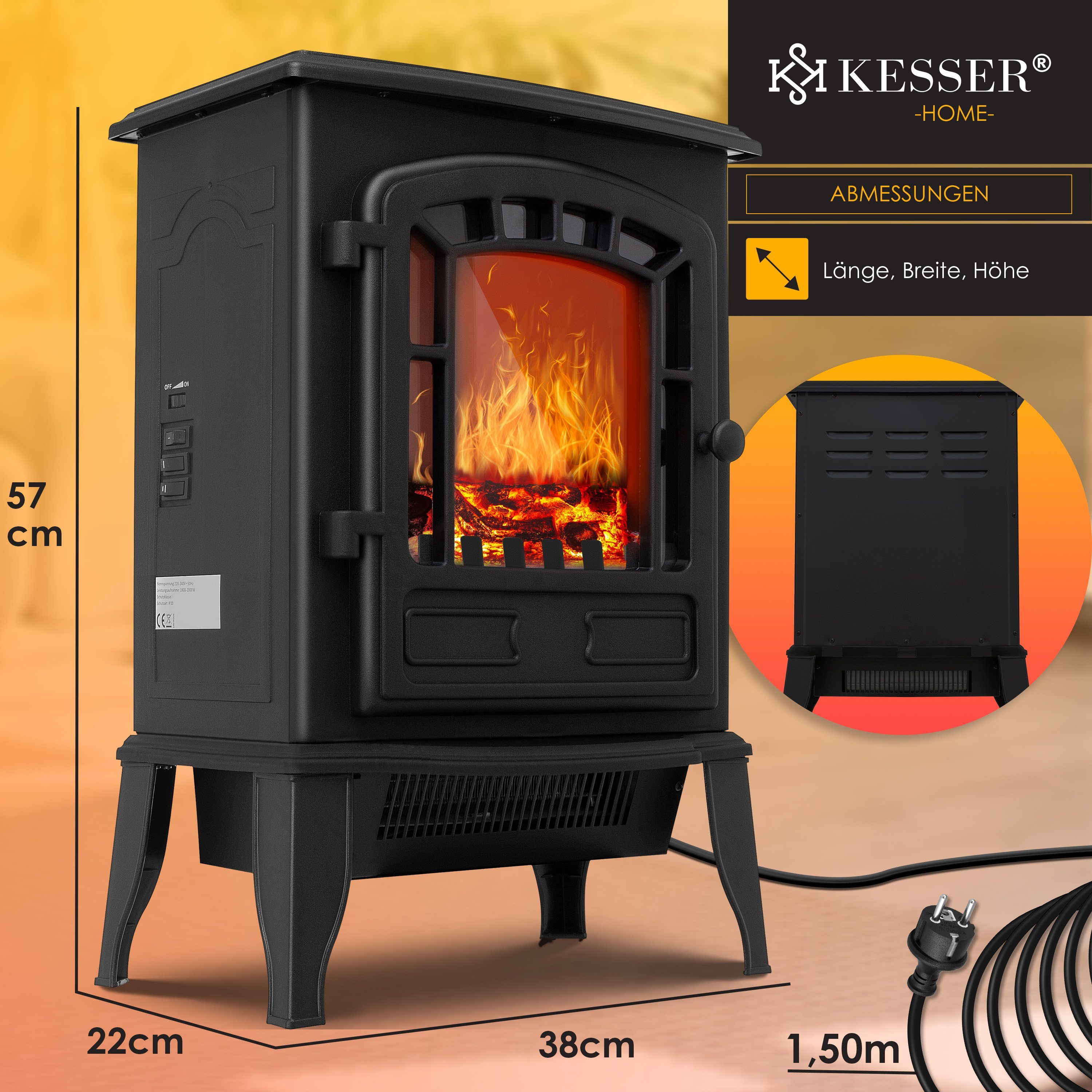 KESSER Heizgerät, 2000 W, Elektrokamin mit Heizlüfter Fernbedienung 2000W Elektro Kamin