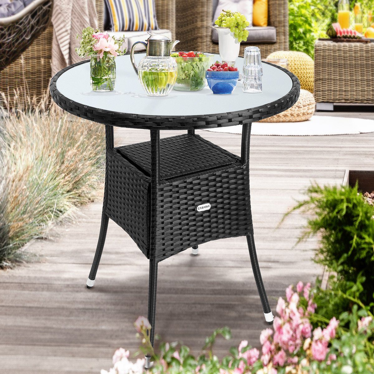 Casaria Gartentisch, Polyrattan Rund Glas Höhenverstellbar 80kg Belastbarkeit Wetterfest