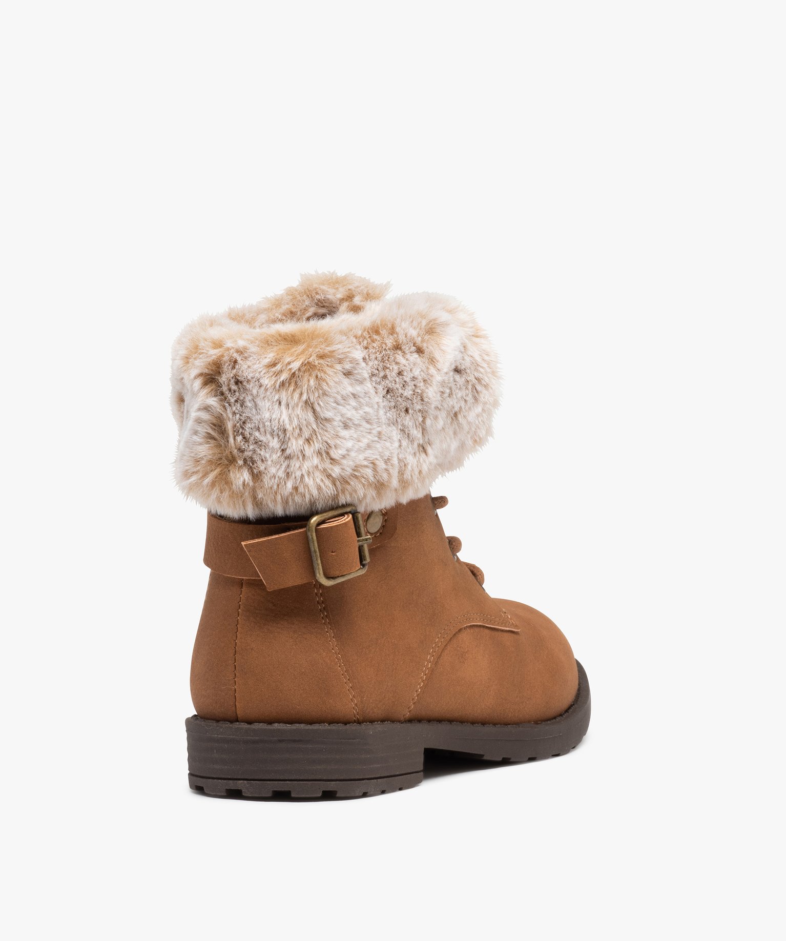 Bottines fille unies avec col fourré fermeture lacets camel | GEMO
