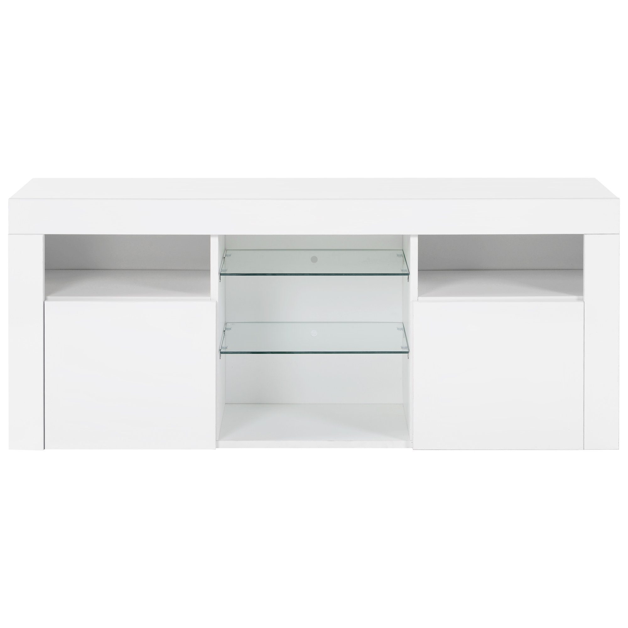 OKWISH TV-Schrank TV-Tisch, TV-Ständer mit 2 Schränken mit Türen und 5 offenen Regalen (Hochglanz-TV-Schrank Einstellbares LED-System, weiß 120*35*50cm Multifunktionale Aufbewahrung) TV-Möbel für bis zu 55 Zoll Fernseher