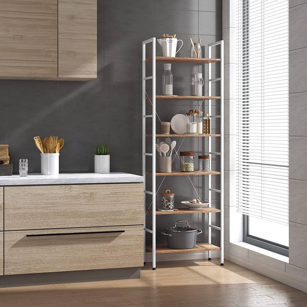 Woltu Bücherregal, 1-tlg., Hochregal Standregal Holz mit 6 Ablagen Badregal