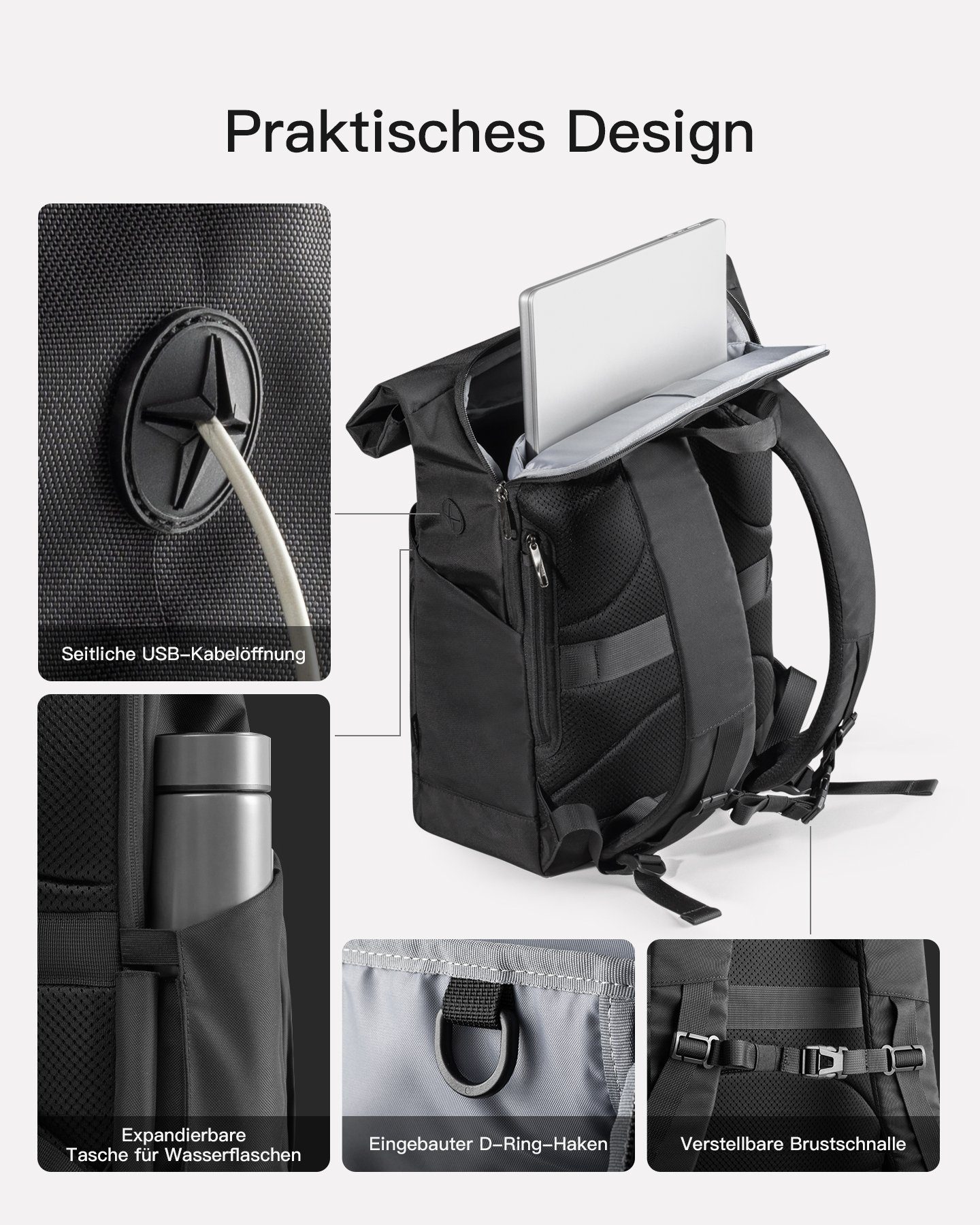 Inateck Laptoprucksack RollTop Rucksack 25L-30L, Tagesrucksack kompatibel mit 17 Zoll Laptops, mit Kopfhörer-/Ladeanschluss und separatem Schuhfach