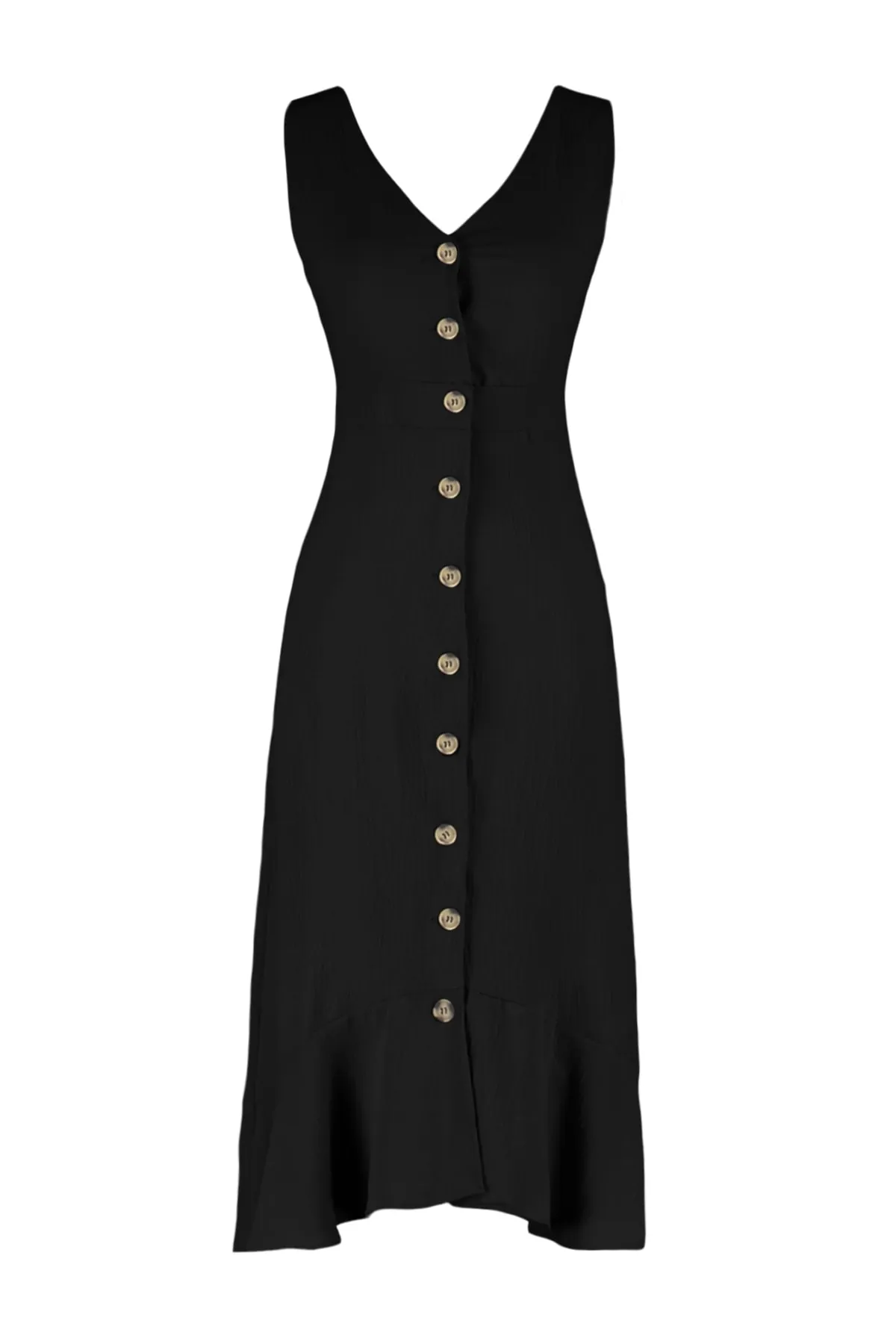 Trendyol Collection  Schwarzes Midi-Webkleid mit Knopfdetail und geradem Schnitt TWOSS23EL02158