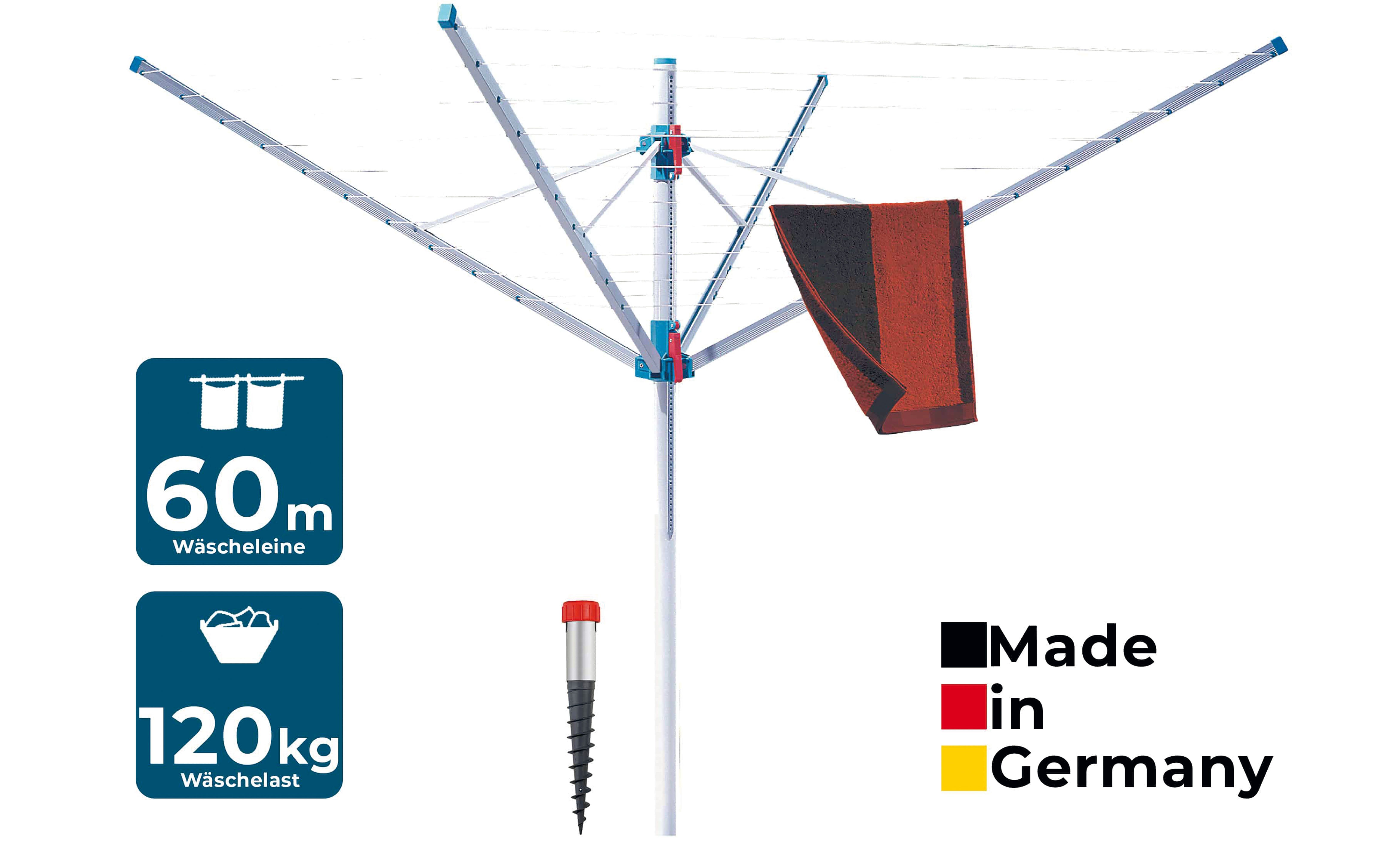 Blome Wäschespinne Primera Light 60 Meter Leine, Wäsche Spinne inkl. Eindrehhülse, made in Germany
