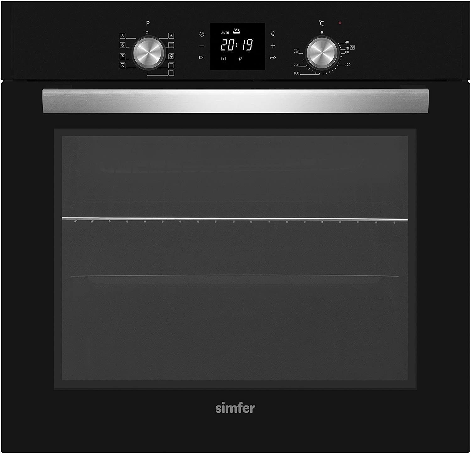 Simfer Einbaubackofen SMF-BO 6813, 60 L, 9 Funktionen, 2-fach Verglasung, mit 1-fach-Teleskopauszug, Dampfreinigung, Digitaler Timer, Versenkbare Drehknöpfe, Seitengitter