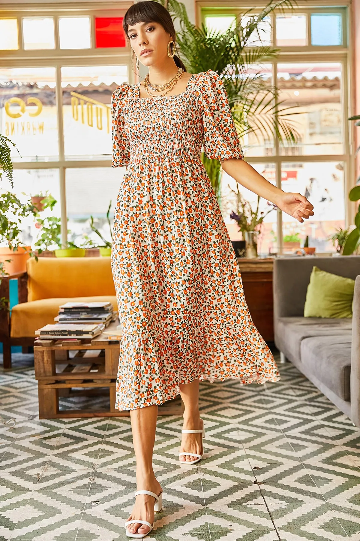 Olalook  Ecru Orange Gimped Lässiges Kleid aus gewebter Viskose für Damen ELB-19001483