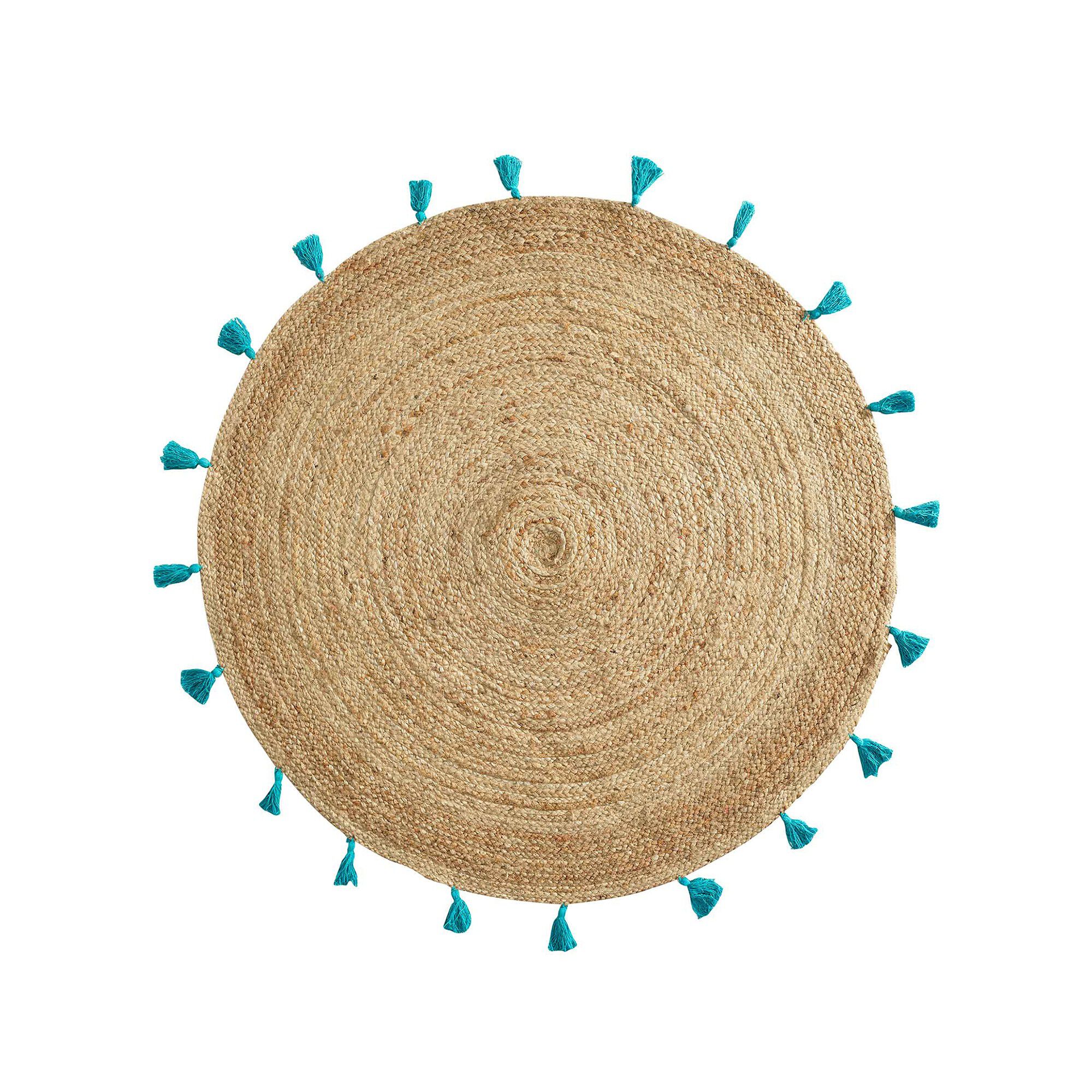 Tapis rond en jute avec pompons de couleur