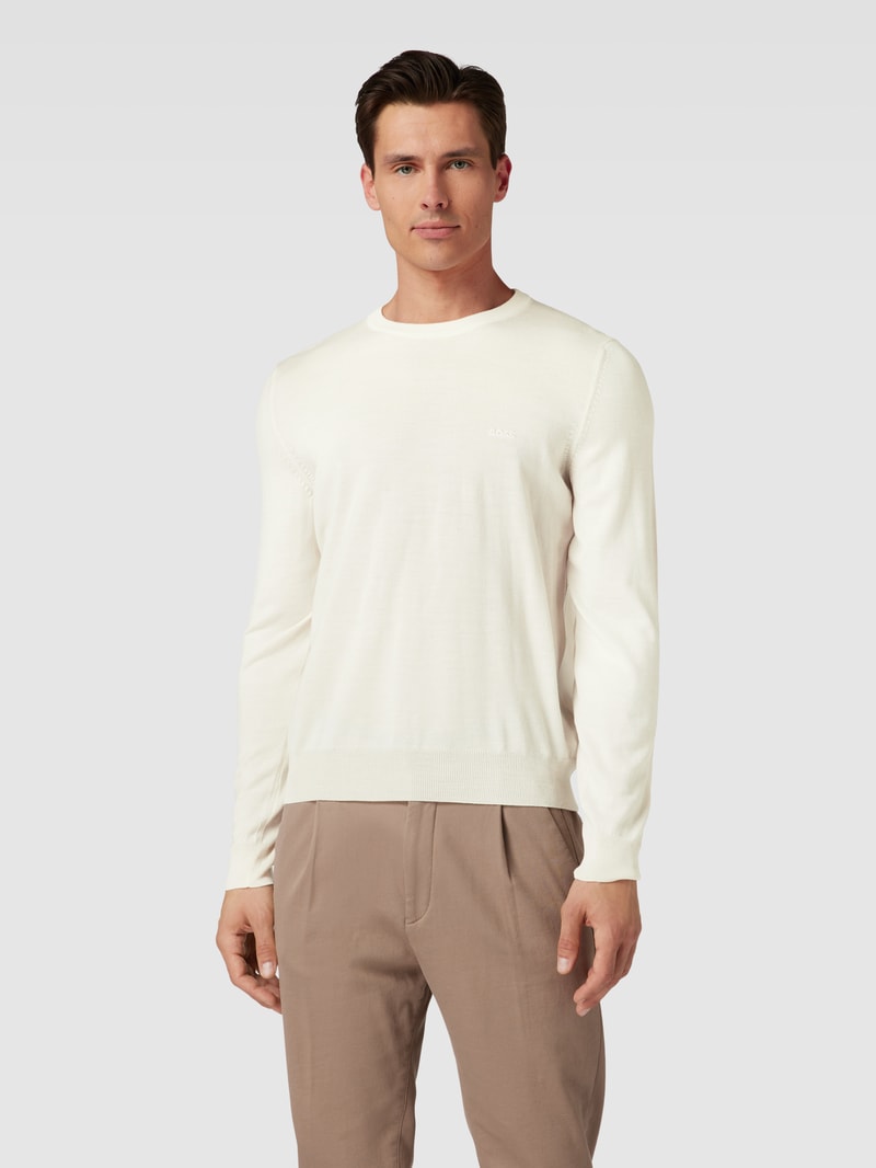 Strickpullover aus Schurwolle mit Label-Stitching Modell 'Otto' in offwhite