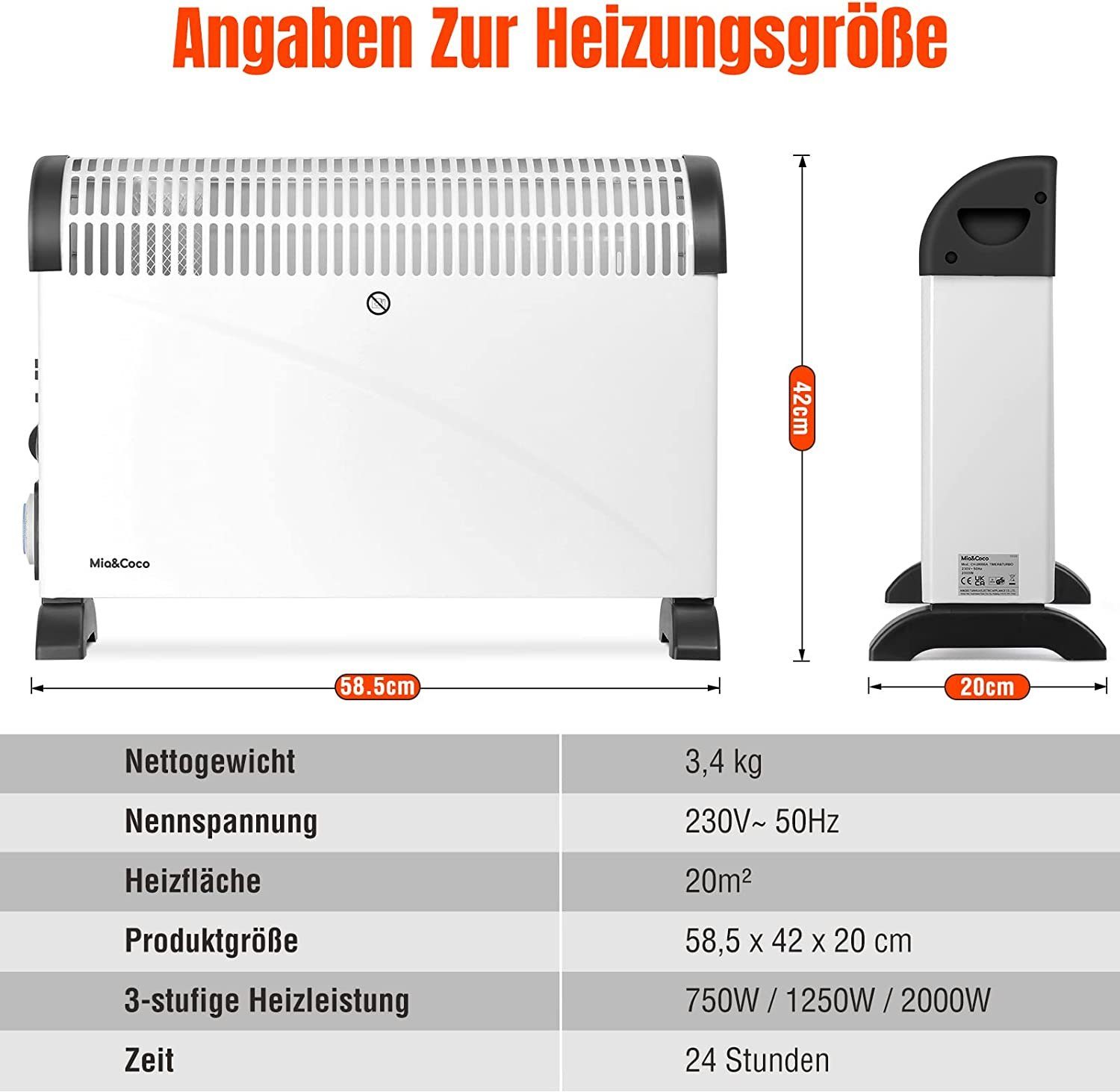 Mia&Coco Heizkörper Heizung Elektro Elektroheizung 2KW Konvektor, 24H Timer,3 Stufen