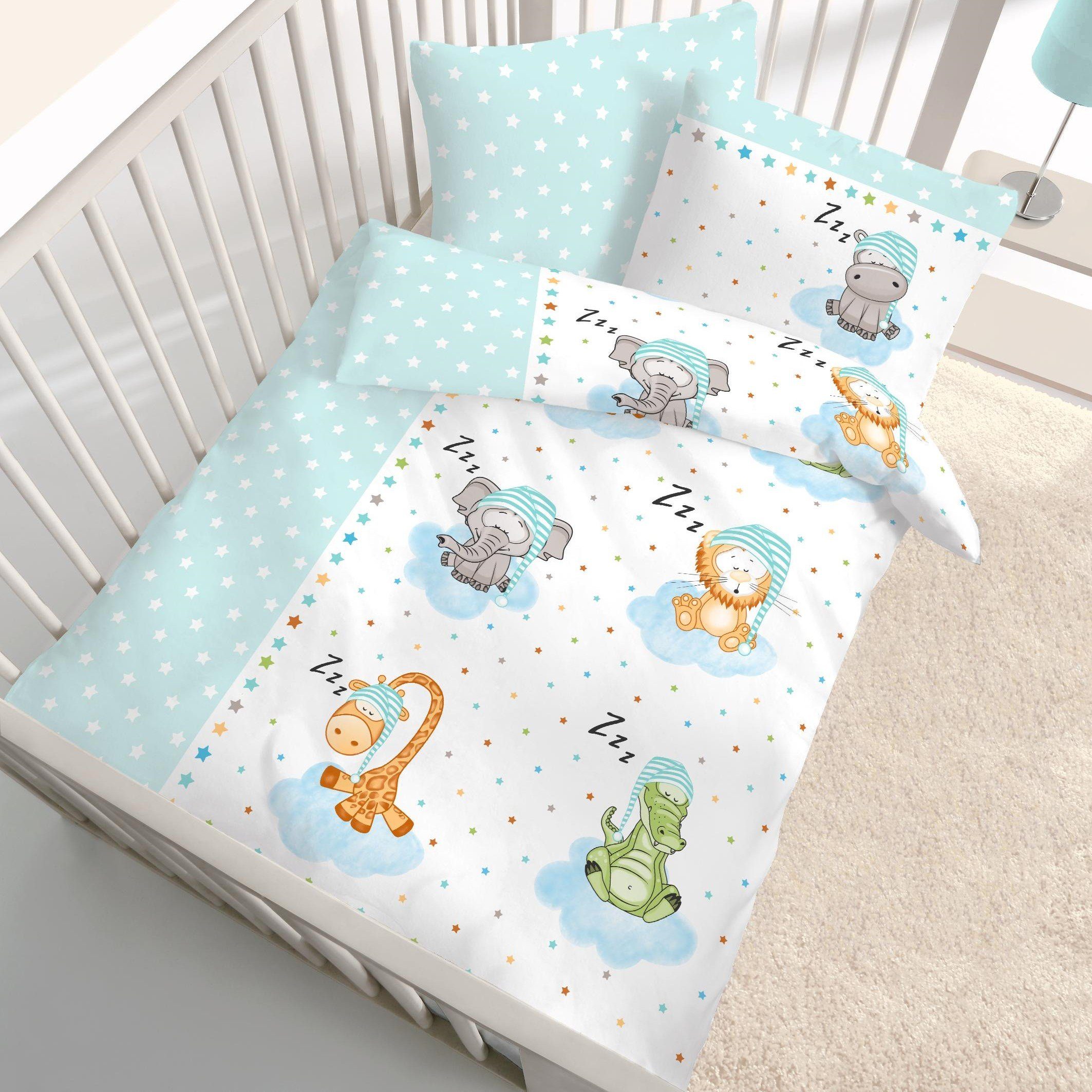 Kinderbettwäsche Zootiere 100x135 + 40x60 cm 2 tlg., 100 % Baumwolle in Biber, Sterne, MTOnlinehandel, Biber, 2 teilig, Babybettwäsche mit Tieren: Elefant Löwe Giraffe Krokodil und Nilpferd