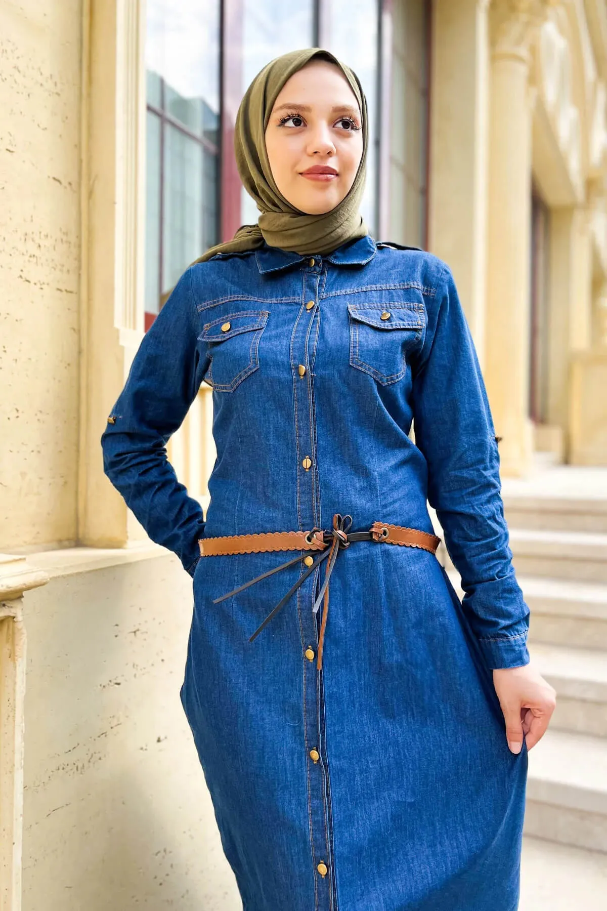 Tesettür Dünyası  Jeanskleid mit Ledergürtel Tsd220838 Dunkelblau