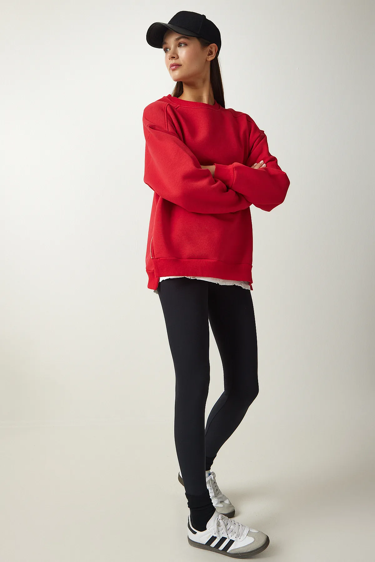 Happiness İstanbul  Rotes Damen-Sweatshirt mit Reißverschluss, detailliertem, erhöhtem Strickmuster UB00148