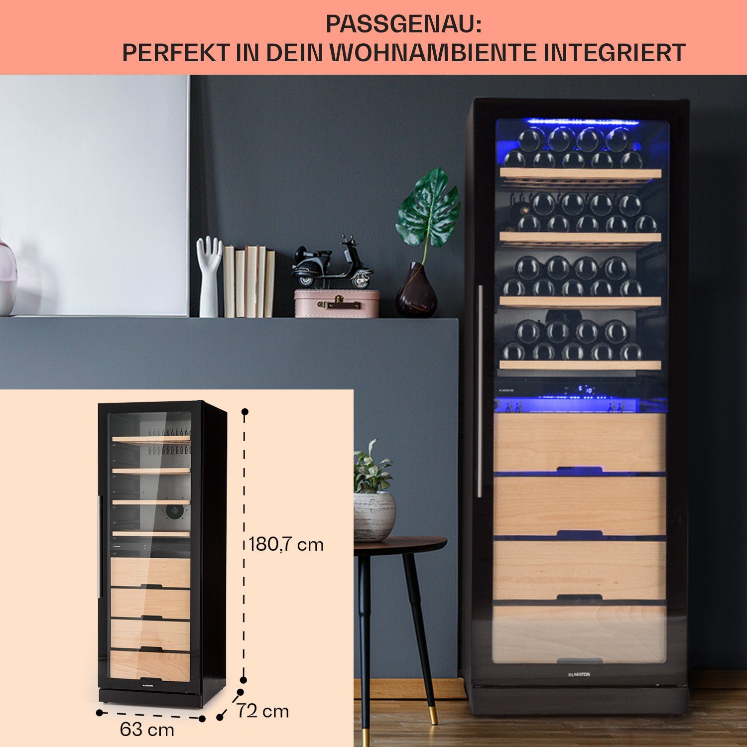 Klarstein Weinkühlschrank Barossa 123 Duo, für 123 Standardflaschen á 0,75l,2 Zonen Wein Flaschenkühlschrank Weintemperierschrank Weinschrank