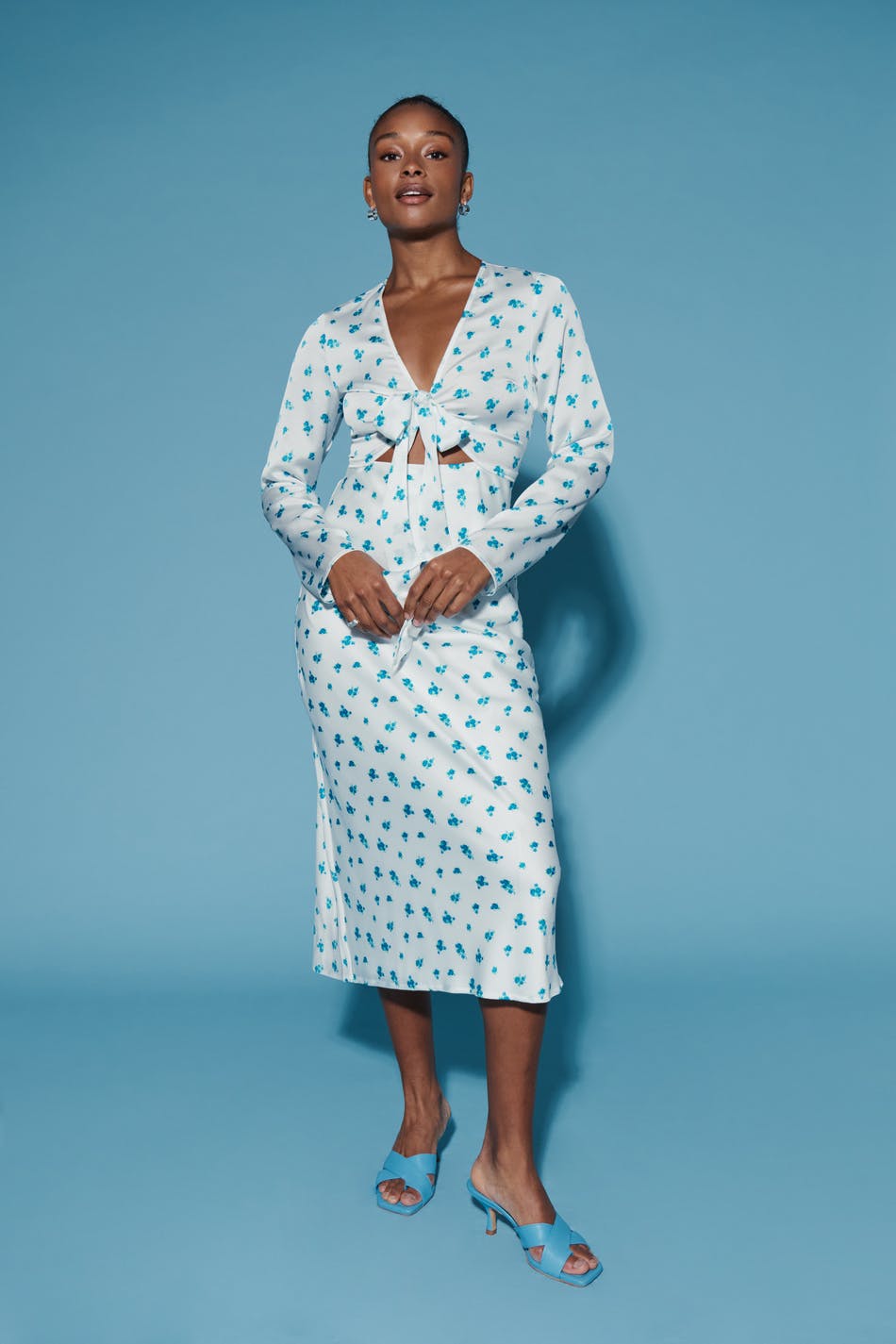 Tie front satin midi dress
